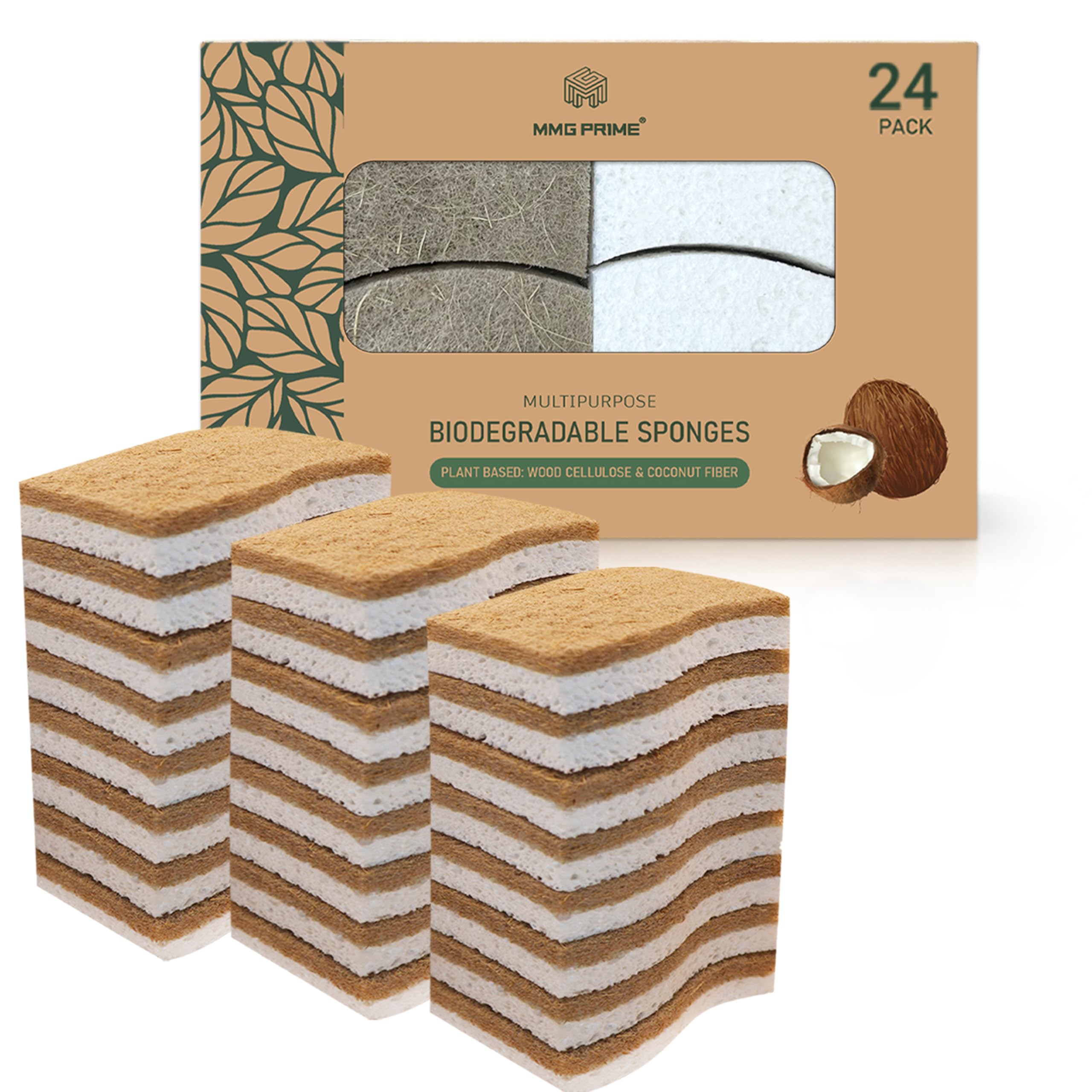 Natural Kitchen Sponge –24-Pack Biodegradable Sponges for Dishes –Compostable Dish Washing Scrubbers – Eco Friendly Non-Scratch Cellulose & Coconut Husk Scrubber Sponges for Cleaning