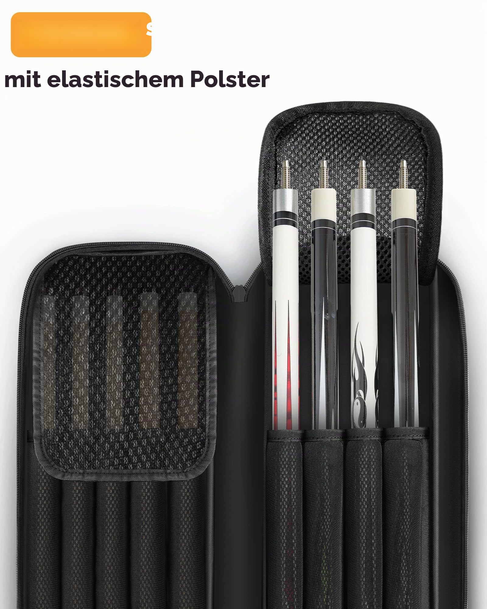 PEKREWS Billard Queue Tasche, Pool Cue Bag 4×5 für 4 Unterteile und 5 Schäfte mit Reißverschlusstasche, Schultergurt und Tragegriff, Weiche Tragetasche für 1/2 Billard Stick für Damen und Herren