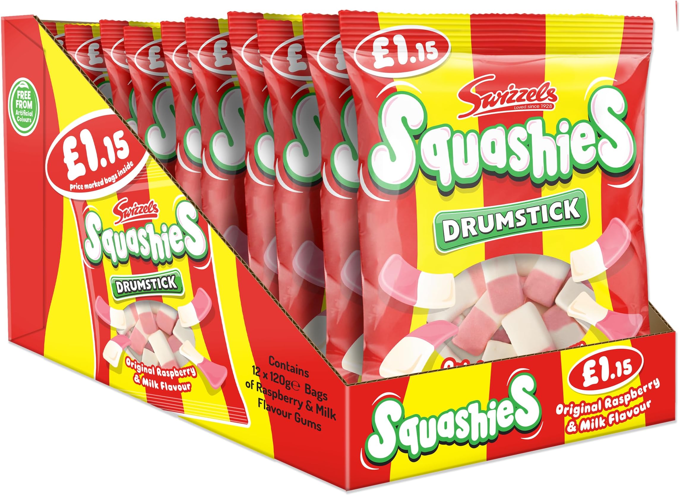 Swizzels Drumstick Squashies Original – Raspberry and Milk Flavour Foam Gum – Price Marked Multipack (12 x 120g)