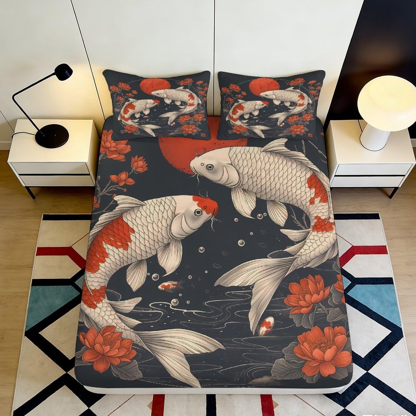3D Printed Koi Fish Fitted Sheet Microfiber Soft Breathable Lotus Bed Cover for Bedroom Dorm Mattress Protection Decor 90x200x25cm