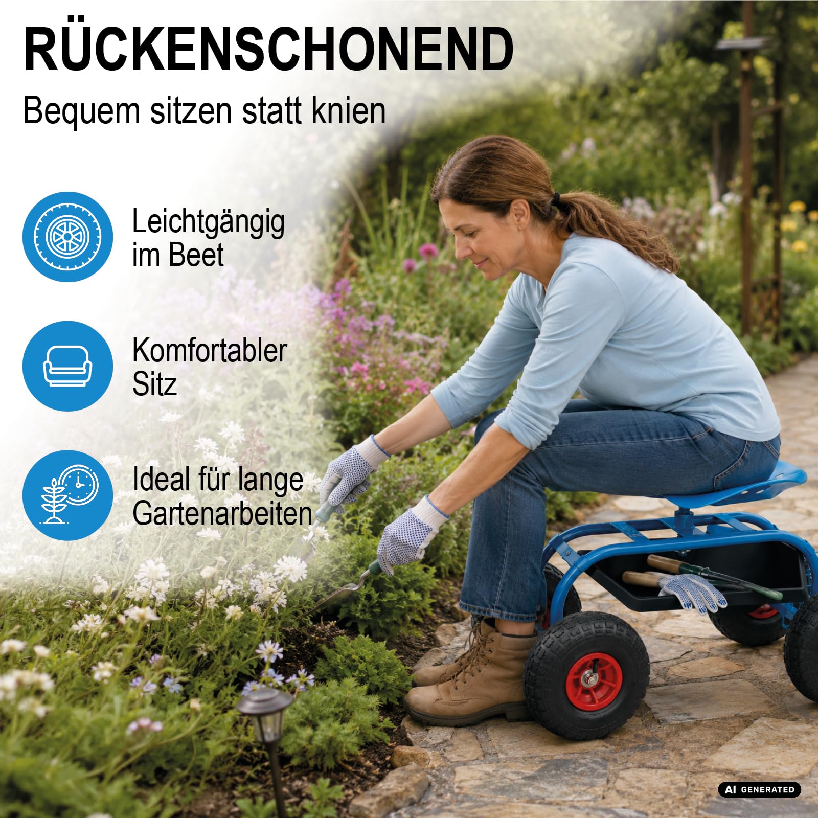 BITUXX Garten Rollhocker Hocker Arbeitshocker Sitzhocker Gartenhocker Gartenarbeit mit Ablage und Korb bis 150kg mit Luftbereifung