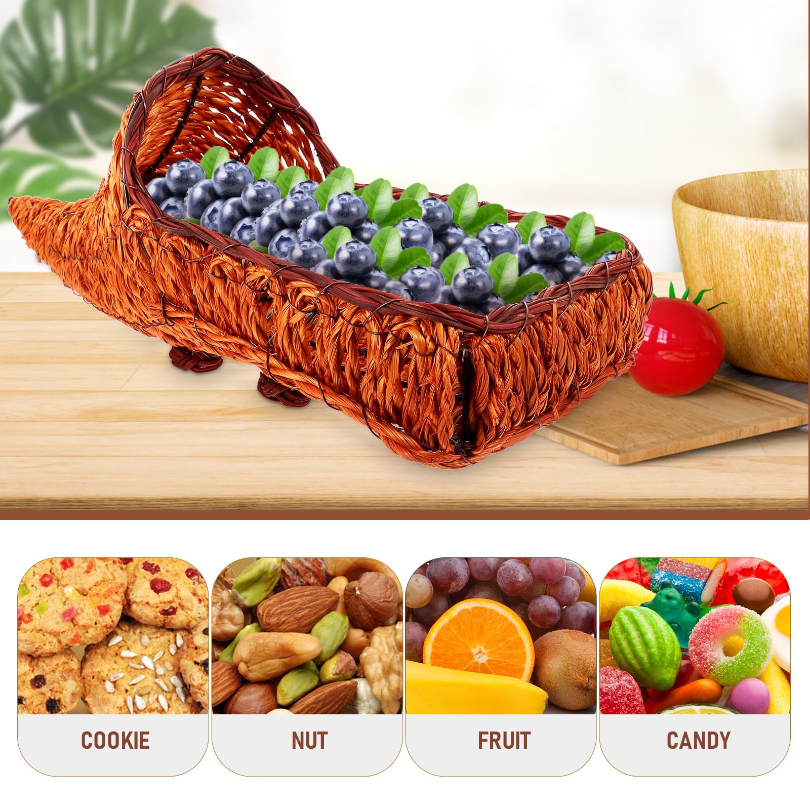 BESTonZON Bamboo Woven Cornucopia Storage Basket Hand Woven Horn Shaped Tabletop Bread and Snack Holder Creative Basket for Fruits Sundries and Home Decor