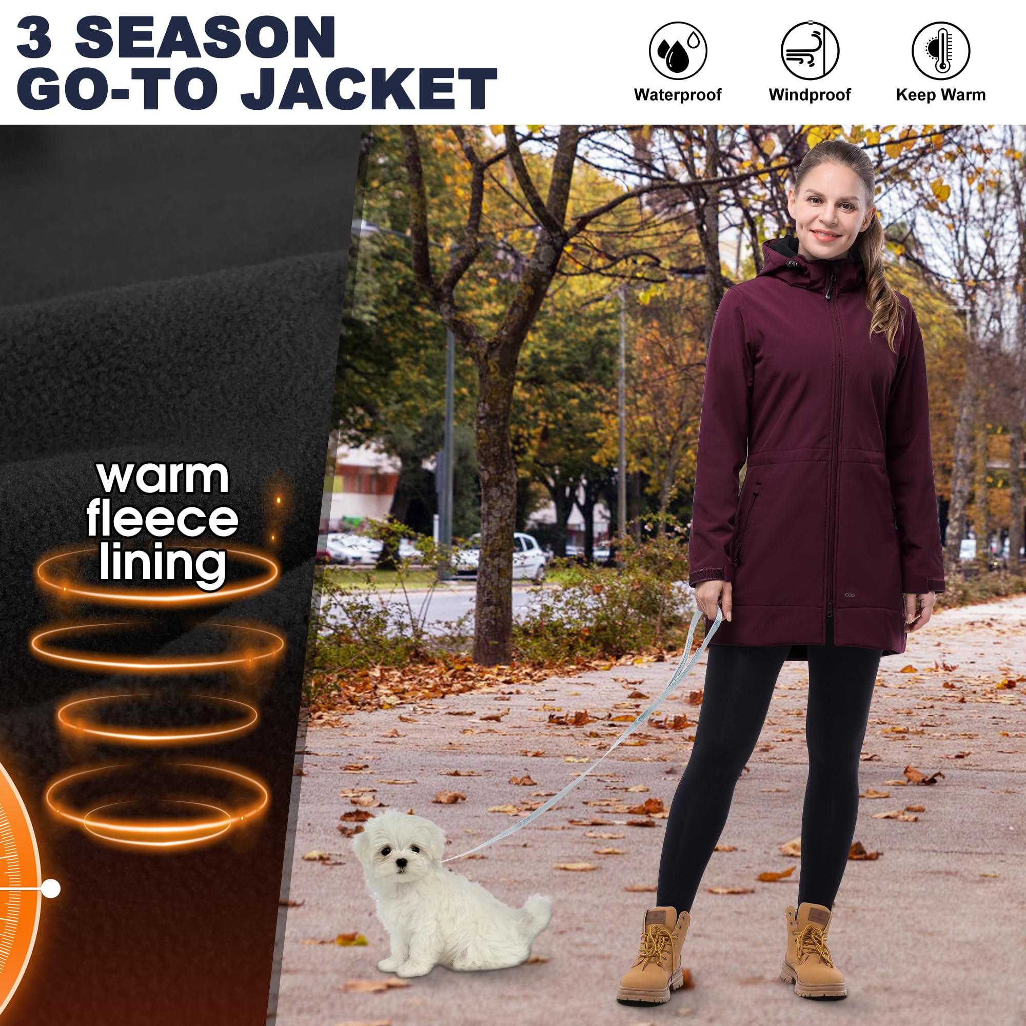 33,000ft Softshelljacke Damen Lange Übergangsjacke Wasserdicht Winddicht Softshellmantel Windbreaker Atmungsaktiv Wanderjacke Outdoor Mantel mit Abnehmbarer Kapuze