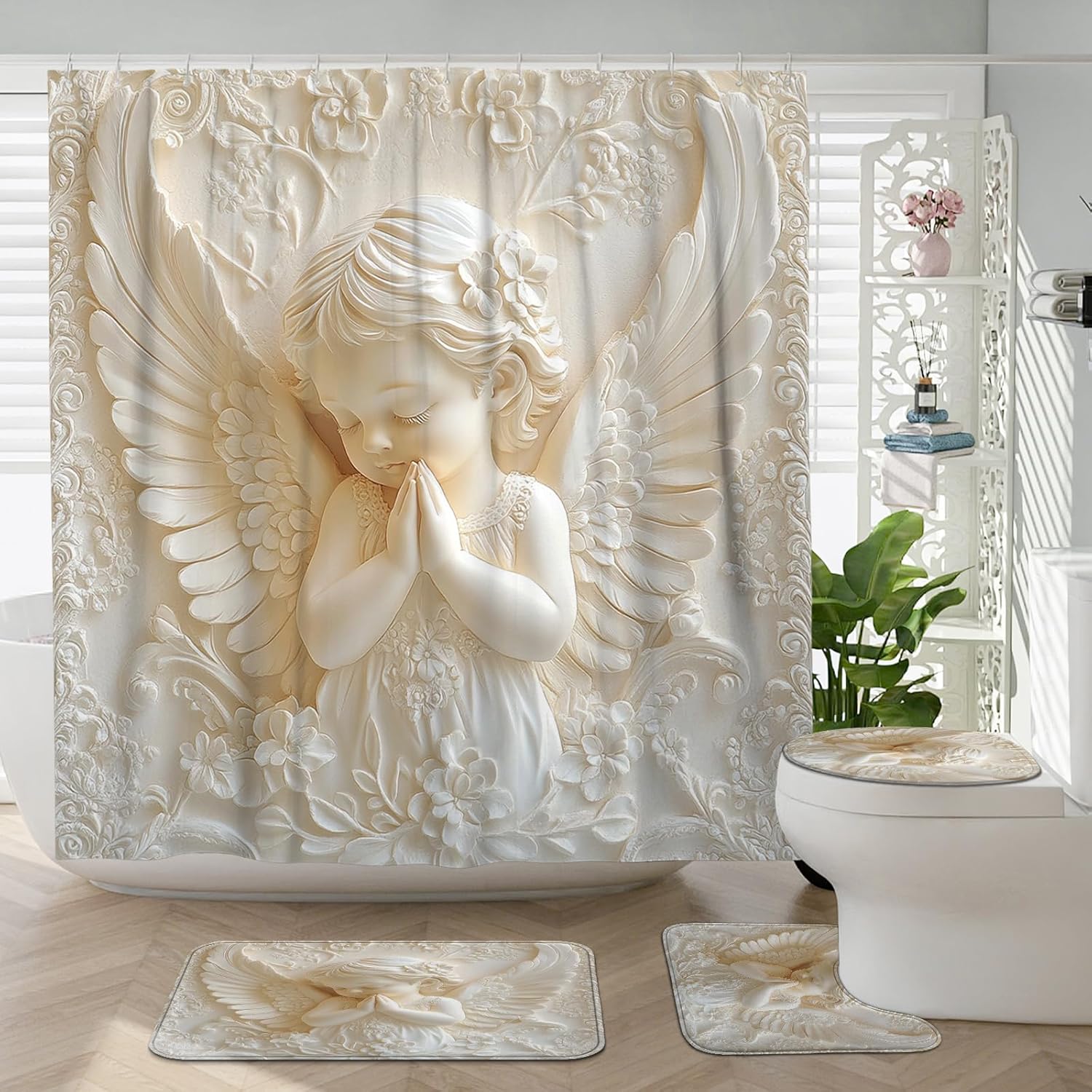 Angel Shower Curtain, Beige White 3D Angel Decor Shower Curtain Sets for Bathroom Decor, Spring Summer Modern Minimalistic Waterproof Fabric Shower Curtain Set with Rugs and Hooks 72x72 Inch