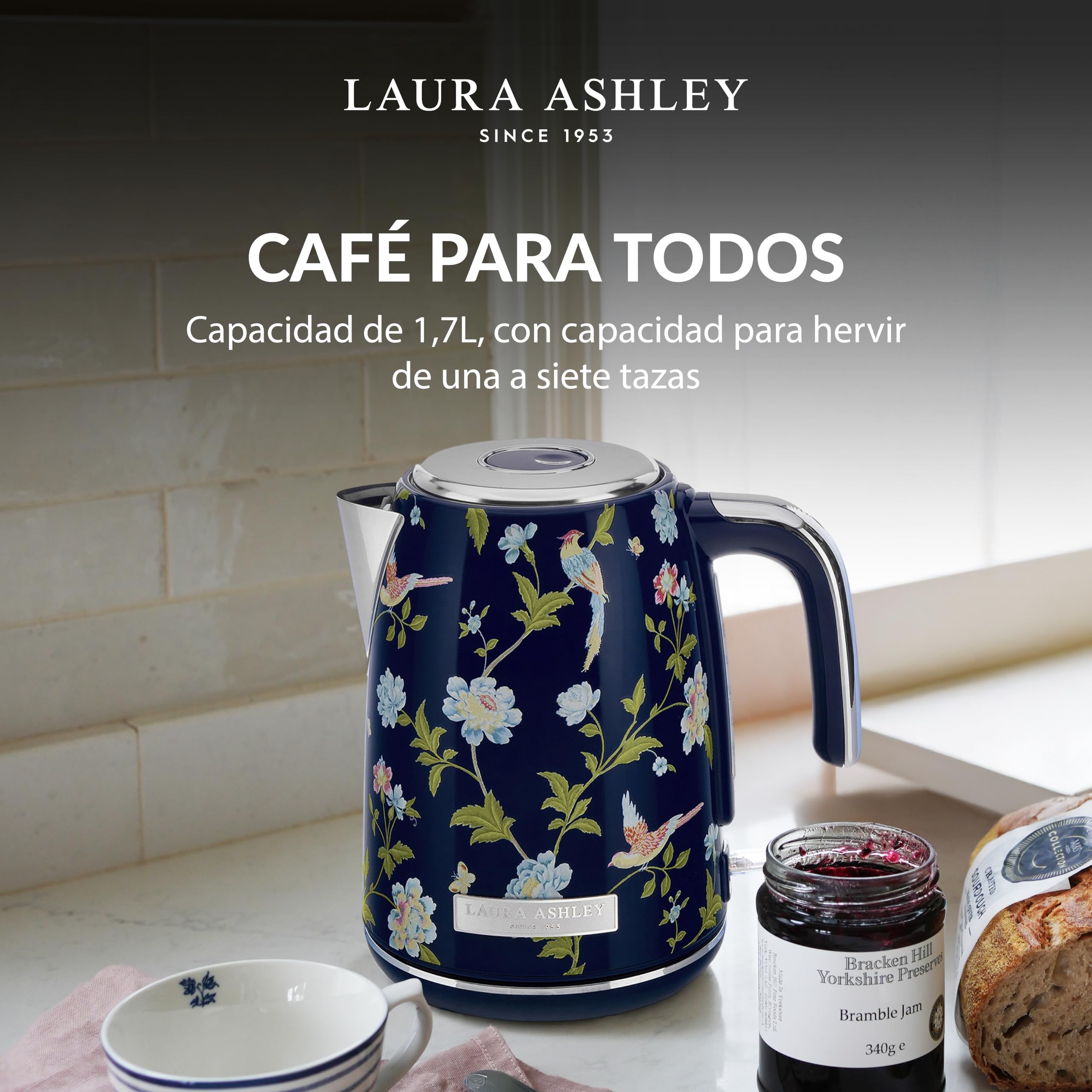 VQ Laura Ashley Elveden Navy Hervidor de Agua Eléctrico 1,7 L | 2,2 kW Ebullición Rápida y Silencioso, Vertido Sin Goteo, Filtro Antical, Eficiente Energéticamente e Indicador de Nivel