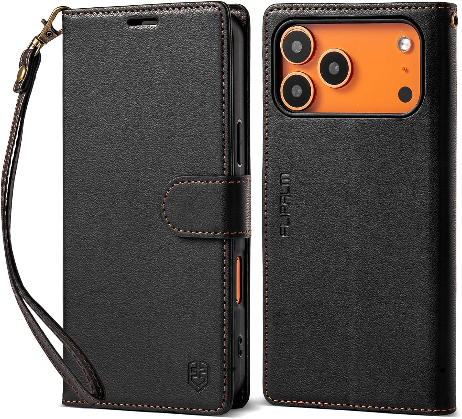 Wallet Case for iPhone 17 Series with Wrist Strap - PU Leather Folio Flip with Credit Card Holder & Kickstand, Protective Cover (Black, for iPhone 17 Pro Max)