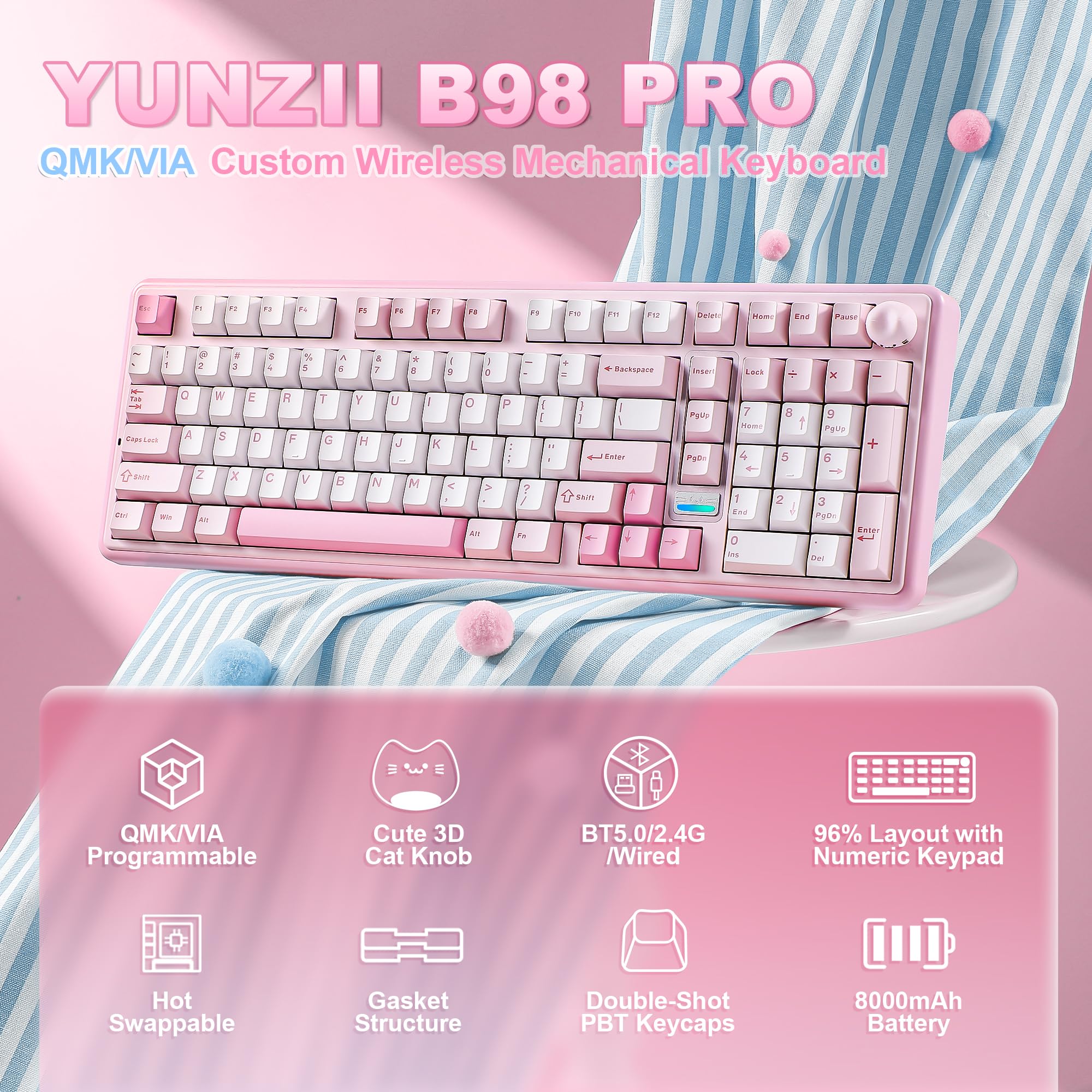 YUNZII B98 PRO QMK/VIA Gaming-Tastatur, 96% Kabellose Mechanische Tastatur mit Nummernblock Niedlichem Katzenknopf, BT/2,4 G/USB-C, Hot-Swap Tastatur Individuelle (Rosa, Milk V2 Linear Switch)
