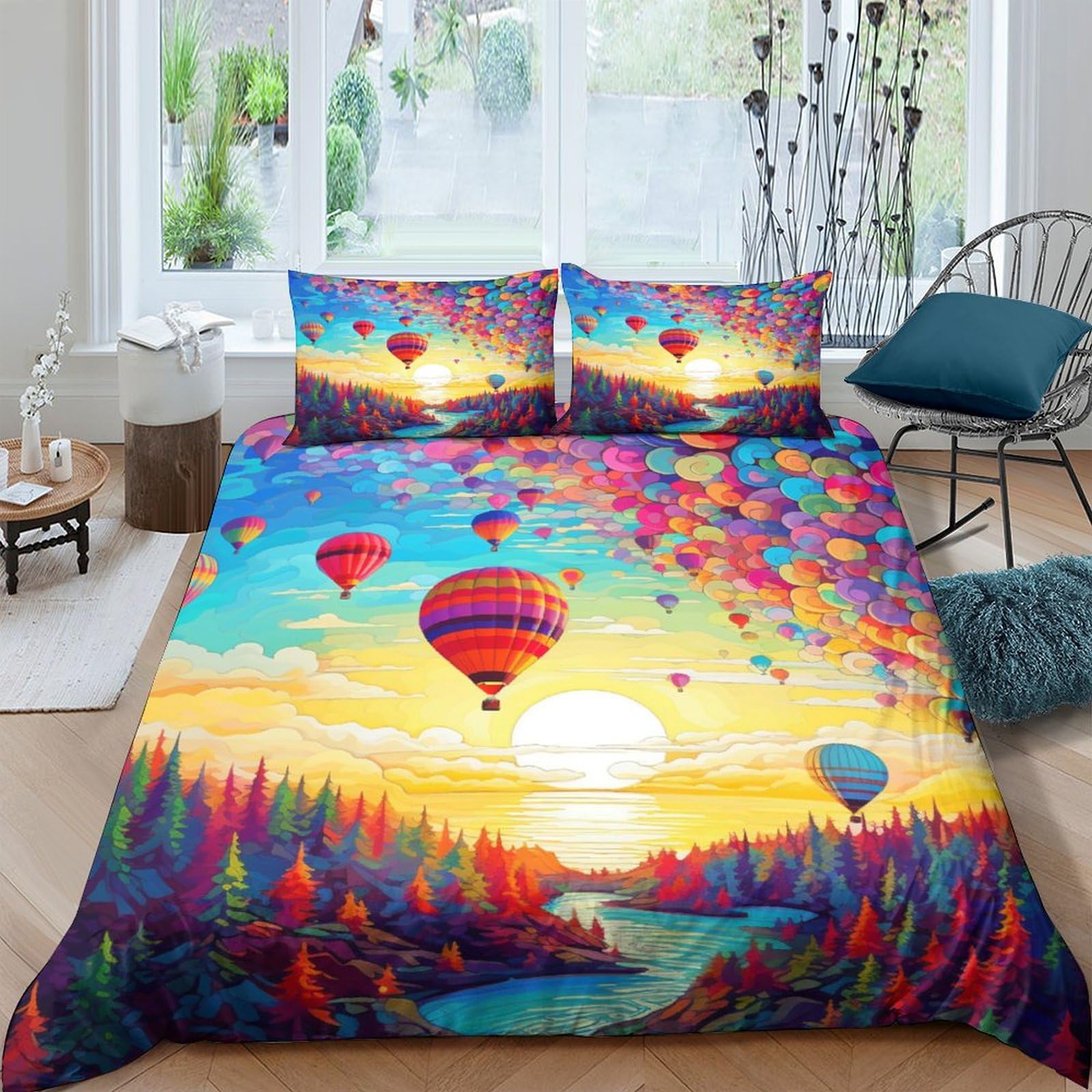 Housse de couette montgolfière 220x240 cm avec taies d'oreiller lit king size