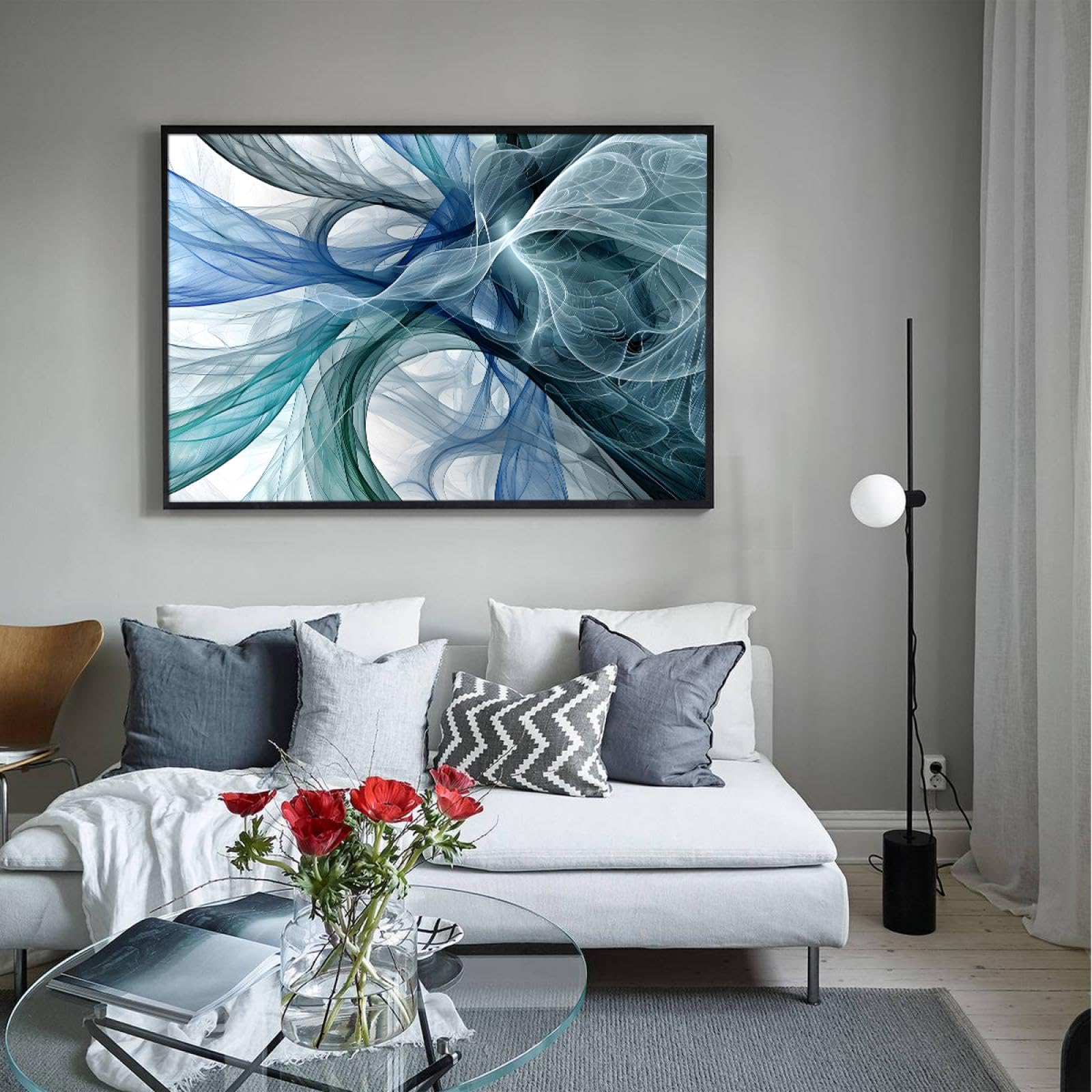 Via Vela Impression d’art mural sur toile de style moderne abstrait bleu vert lignes blanches motif volant affiche peinture oeuvre d’art musée qualité pour salon décor 66x102cm avec-cadre-noir