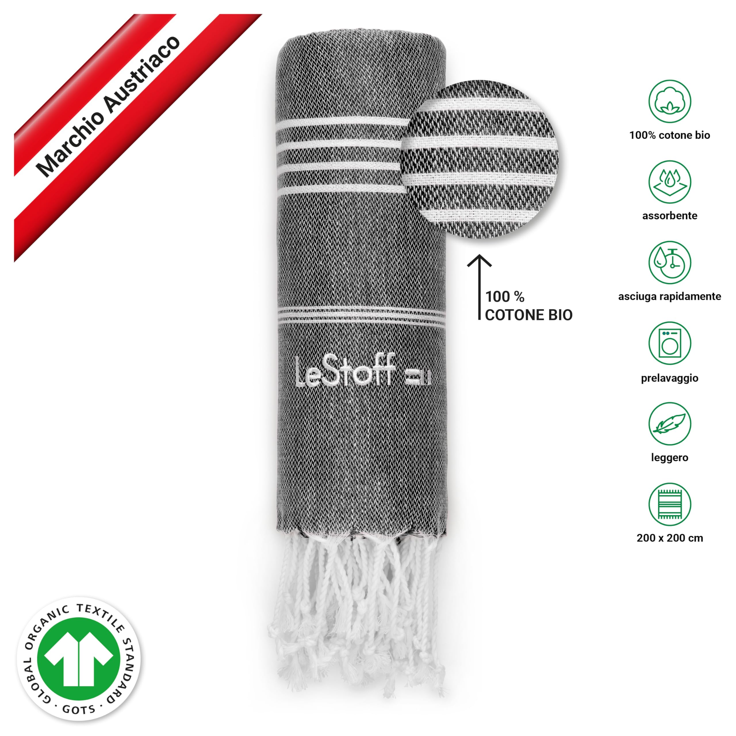 LeStoff Telo mare XXL - 100% Cotone bio, 200 x 200 cm, Prelavato, Assorbente, Asciugatura Rapida, Leggero, Fouta, Telo Spiaggia grande, Telo Bagno, Telo Yoga, Coperta (Anthracite)