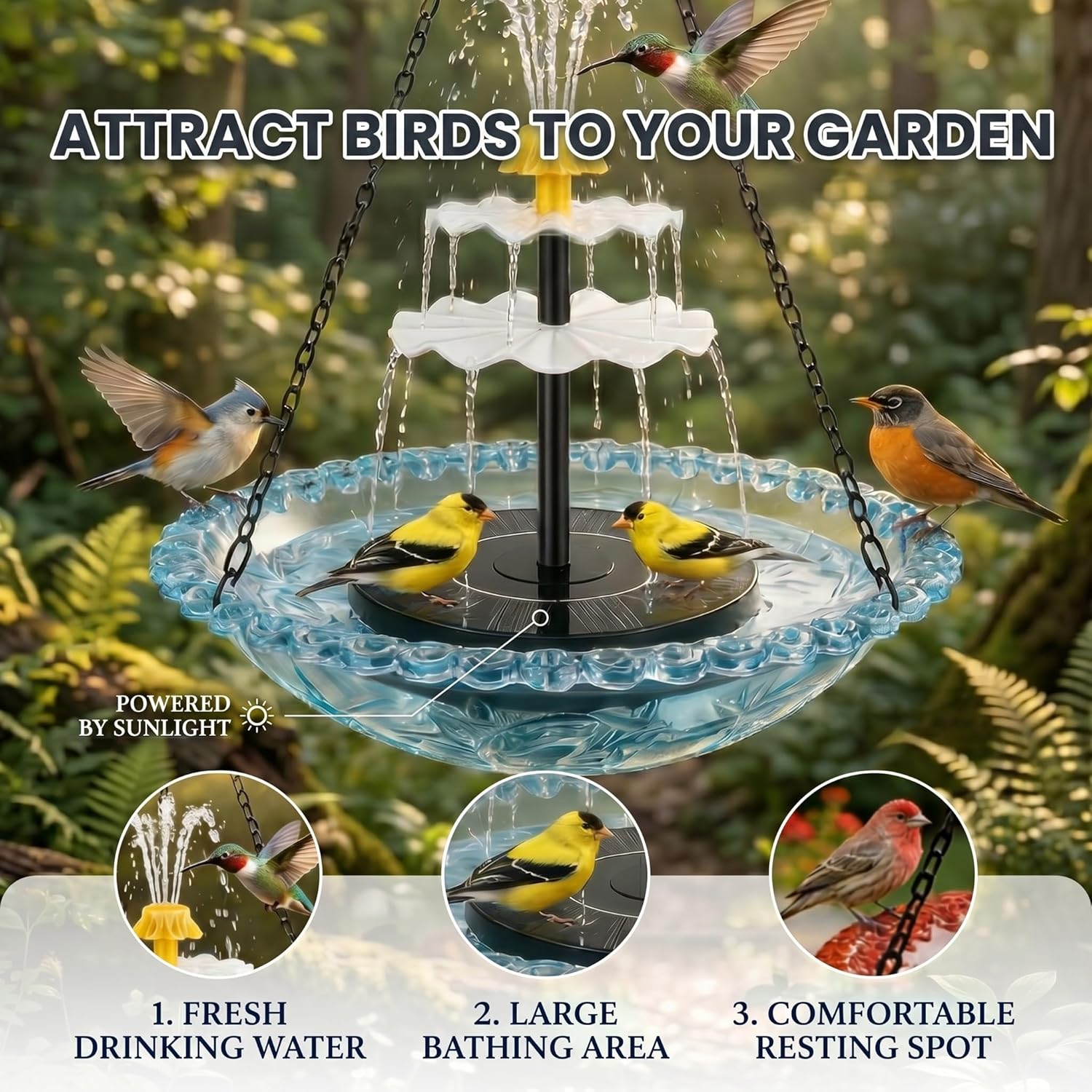 Solar Cascade Hanging Bird Bath Fountain, Solar Fountain Pump with 8 Nozzles, Hanging Bird Bath with Water for Outdoors Garden Patio Backyard Lawn Decor (Blue)