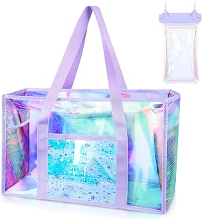 Clear Beach Tote Bag, Large Holographic Waterproof Beach Bag with Waterproof Phone Pouch, Sandproof Foldable Pool Tote Bag for Women Girls, Summer Tote for Beach Pool Travel Cruise Vacation