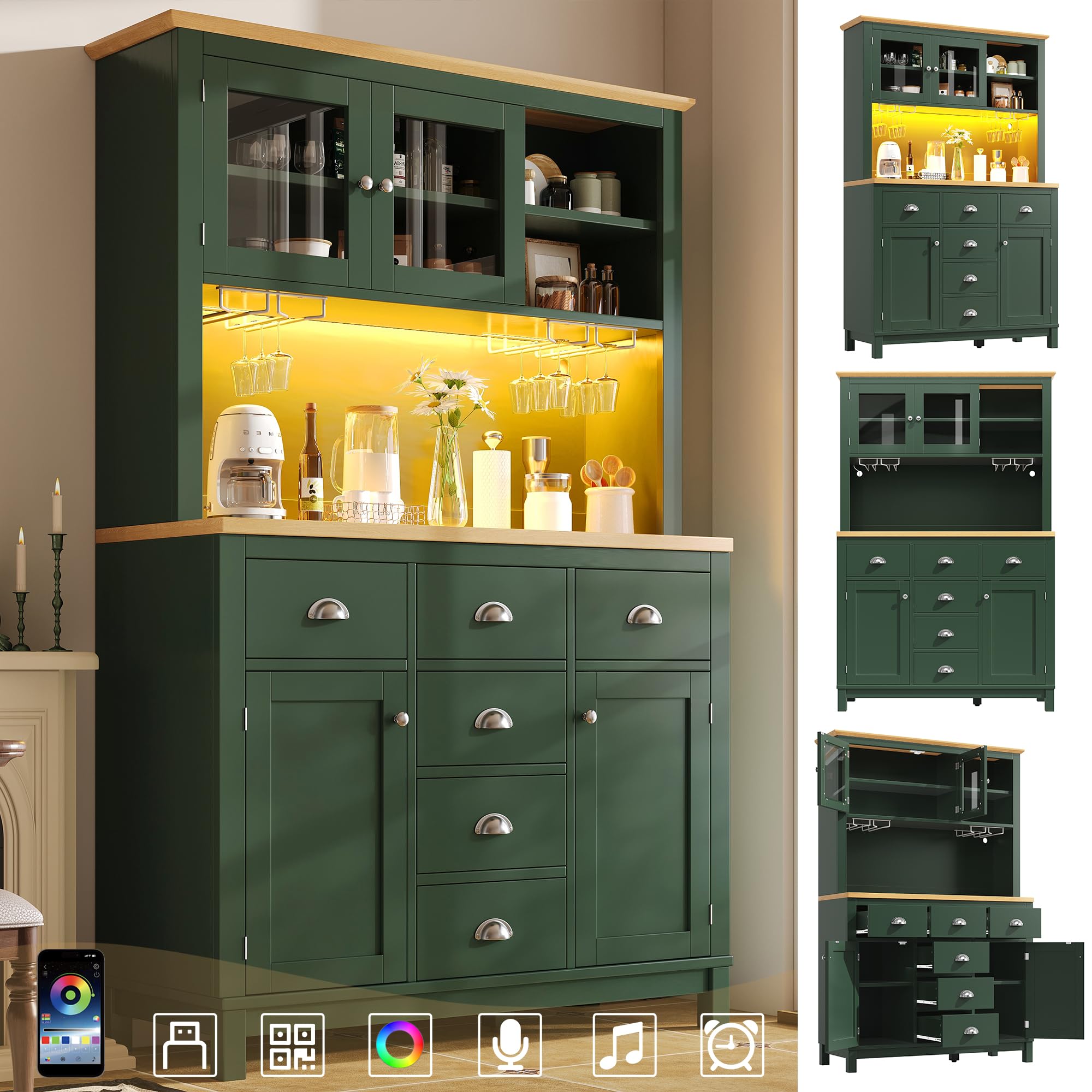 Armario alto para buffet, armario de cocina, aparador, estilo rústico, 4 puertas, con barra de luz LED y soporte para bebidas, para cocina, comedor, 104 × 40 × 180 cm (verde)