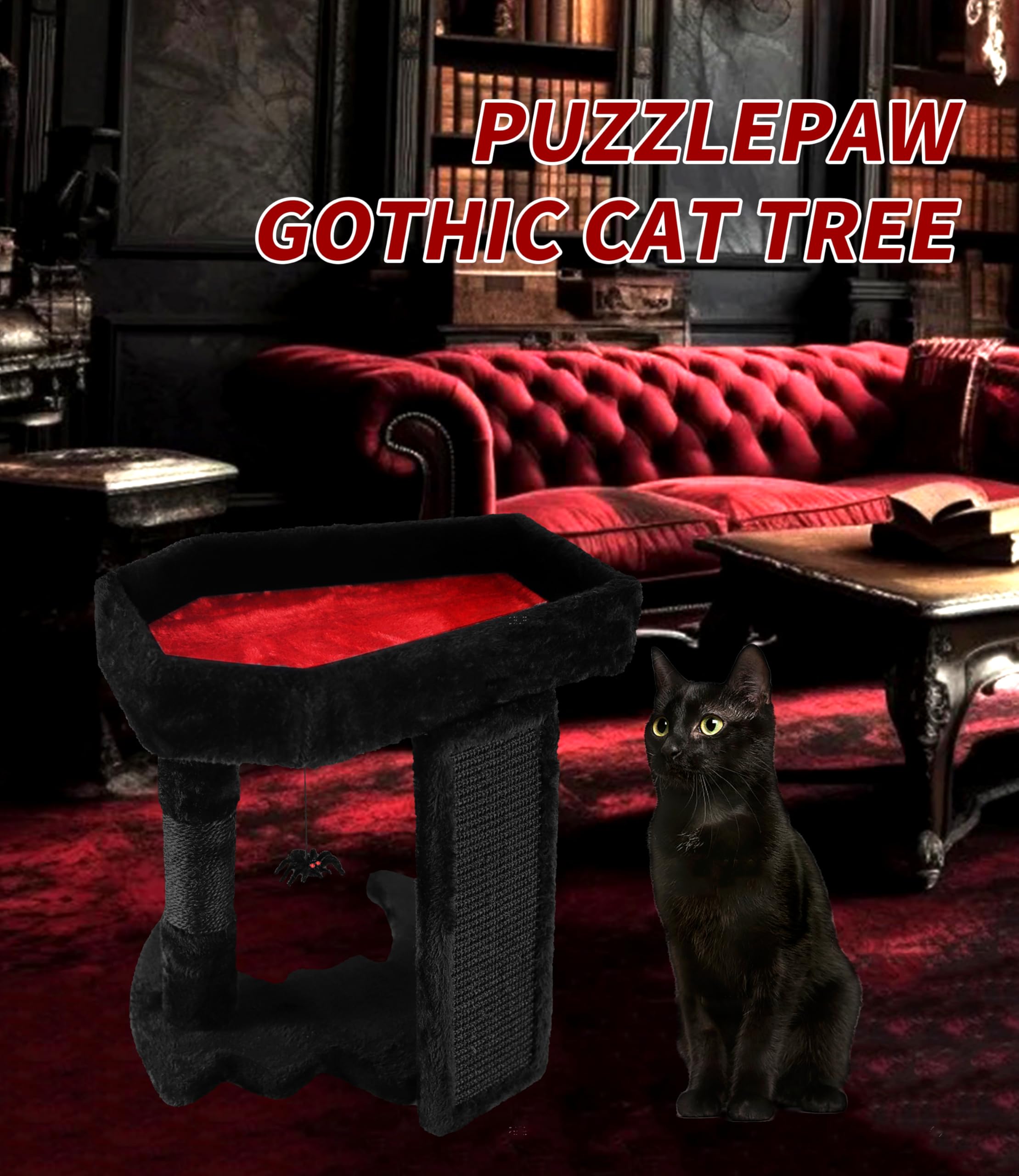 PuzzlePaw Gothic Cat Tree Tower with Coffin Cat Bed for Indoor Cats, Halloween Spooky Cat Scratcher,Goth Cat Tree with Sisal Scratchig Post and Spider Dangling Toys,Black with Red