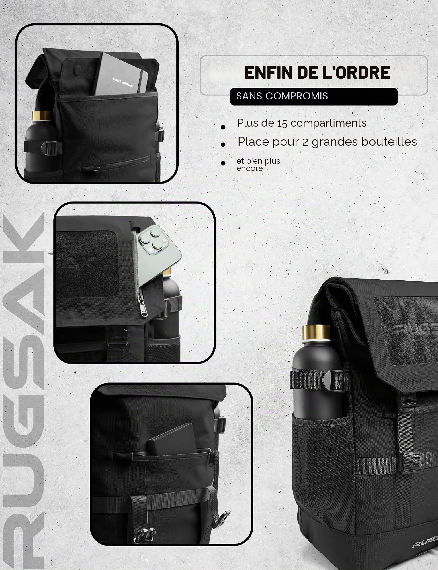 RS RUGSAK Original 3.0 | Sac à dos rolltop neutre en CO2 [3-Size-Technology] avec compartiment pour ordinateur portable 18" | Résistant à l'eau | pour le travail, l'école et le sport | Femme et Homme