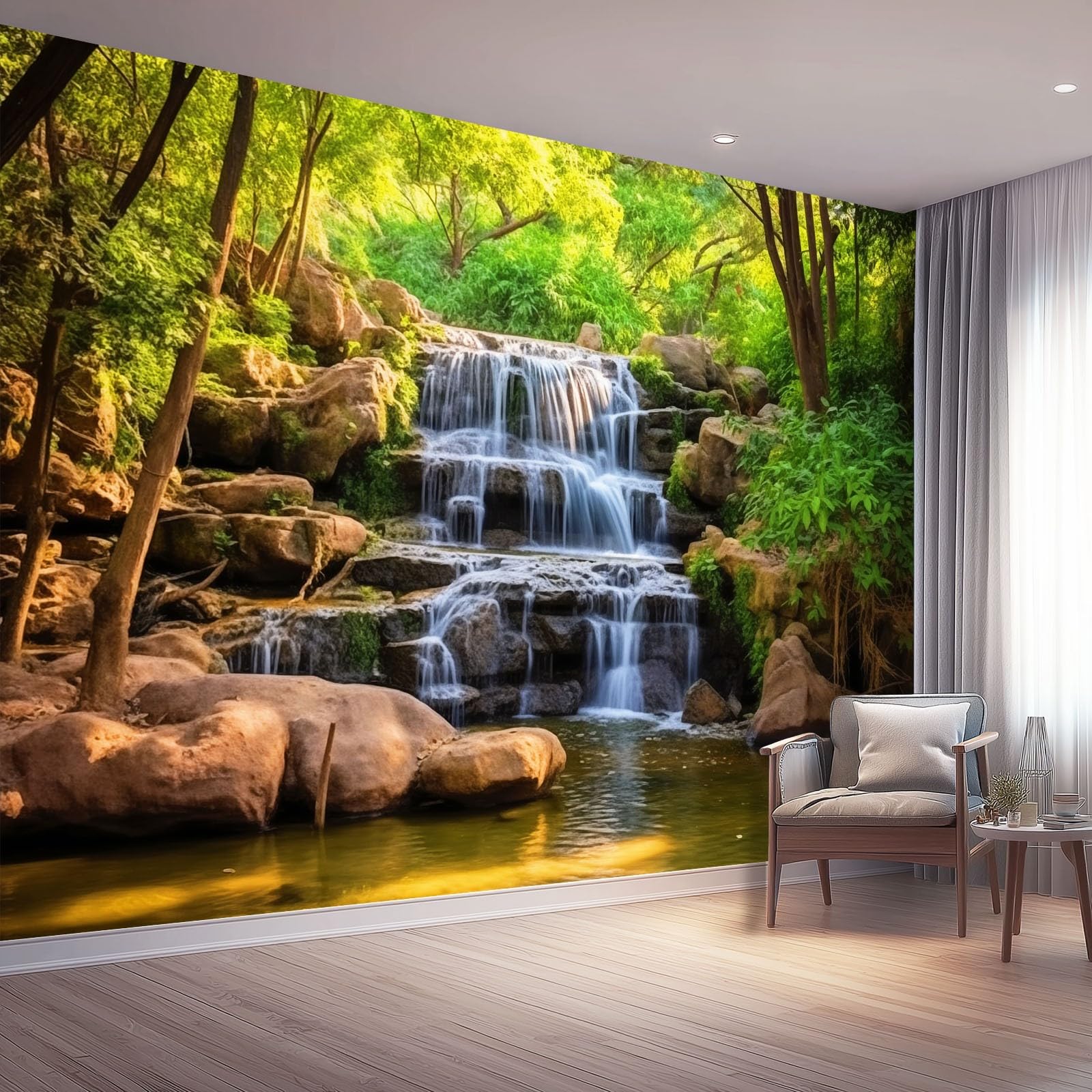 3D Panoramic Custom Colorful Wallpaper Murals, Nature Forest Waterfall Non-Woven Wall Murals, Modern Living Room Kitchen Dining Room Bedroom Wallpaper 350 x 256 cm (W x H)
