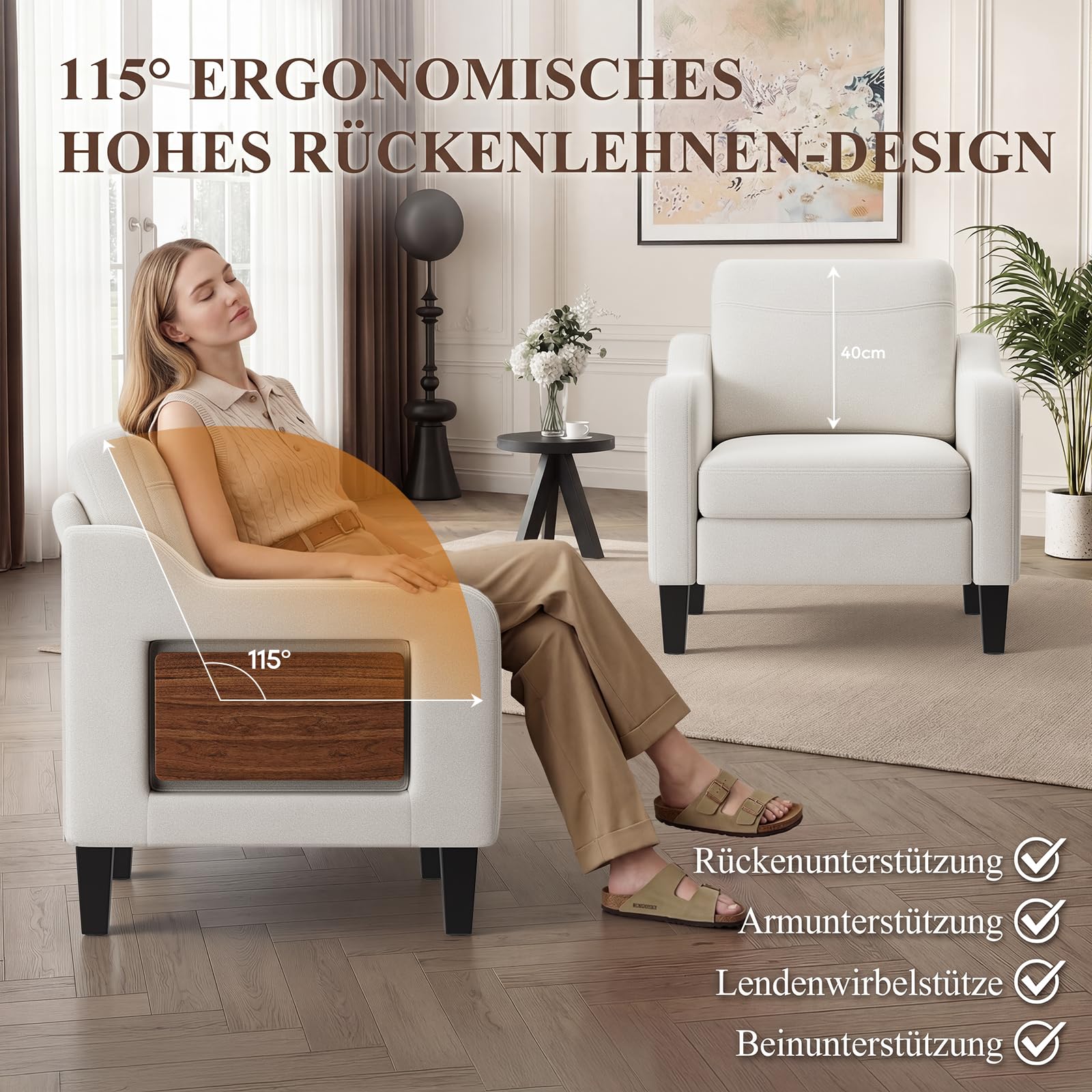 MALOL Sessel Wohnzimmer, Ohrensessel Wohnzimmer mit Ausklappbarer Holzseitentisch, Polstersessel mit Armlehnen Einzelsofa, Relaxsessel，Lesesessel für Wohnzimmer Büro Schlafzimmer, Beige