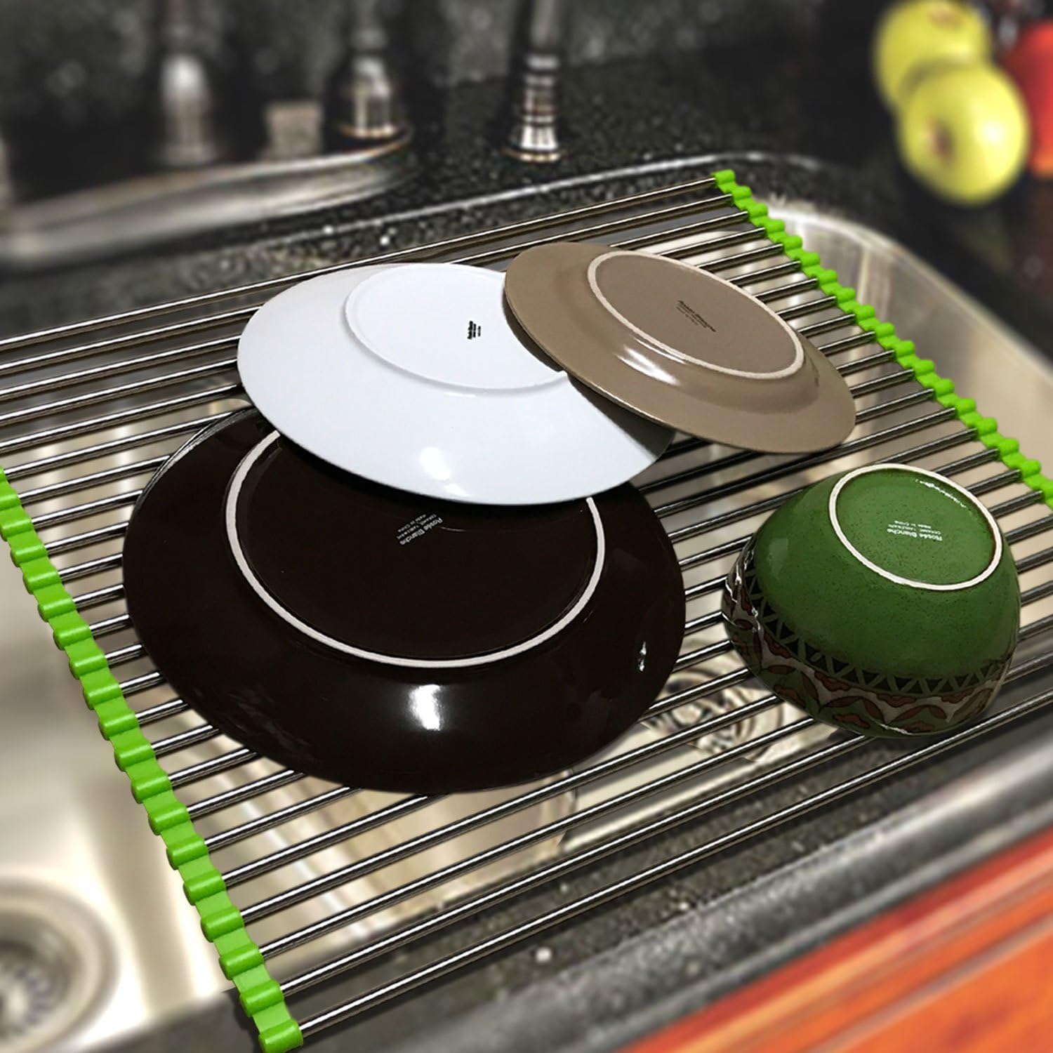 Extra Large Roll-Up Dish Drying Rack Over the Sink Multipurpose 20.5" X 16.5" (green)