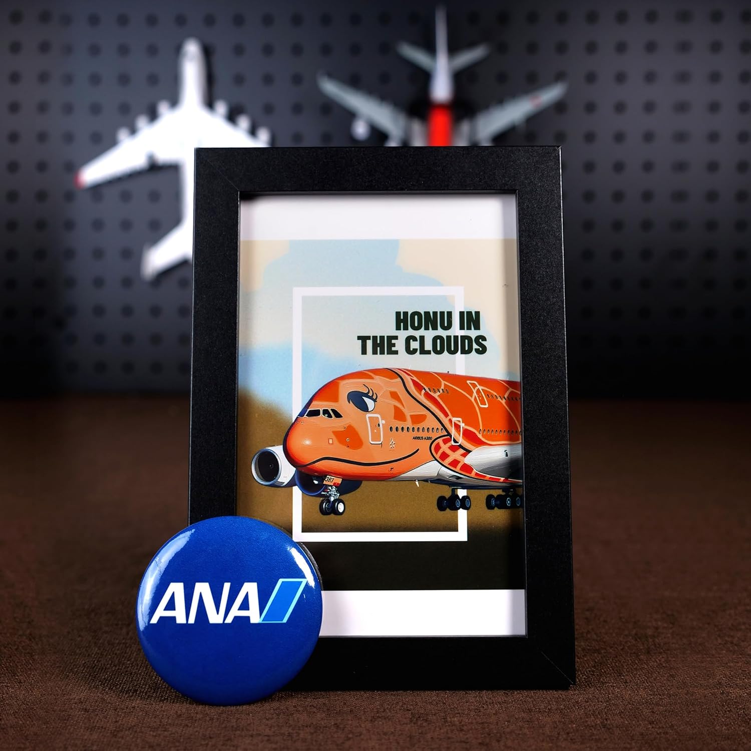 Stratosphere Model ANA Airbus A380 Flying Honu Orange Livery Diecast Aircraft 1:300 Scale, Limited Edition with Display Frame, Pins & Card Pack, Hawaiian Gift,Unique Gift for Men, Dad, Husband