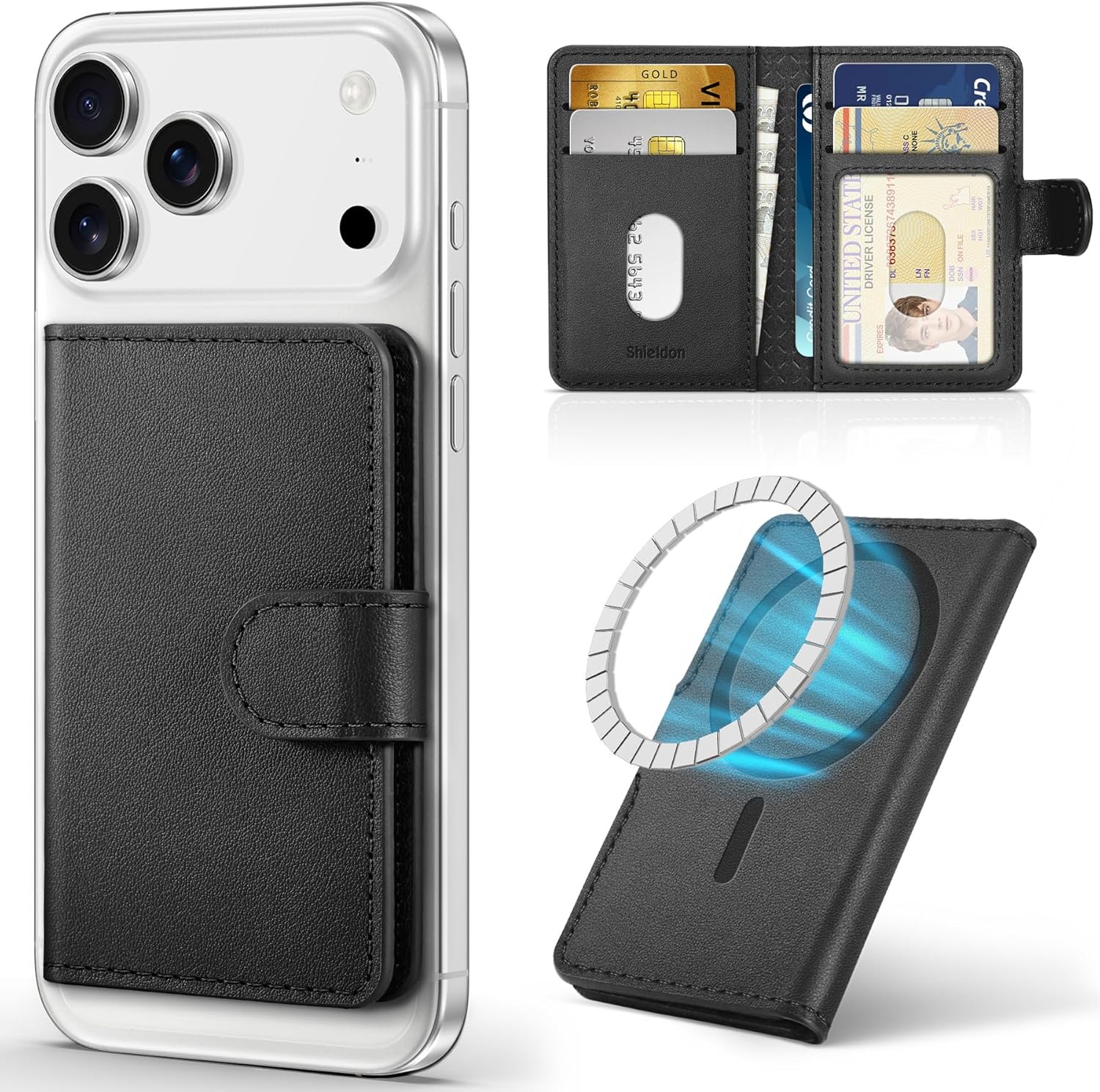 SHIELDON for MagSafe Wallet Genuine Leather Strong Magnetic Card Holder - RFID Blocking, 6 Card Slots, ID Window, Magnet Cell Phone Wallet Compatible with iPhone 17/16/15/14/13/12 Series - Nappa Black