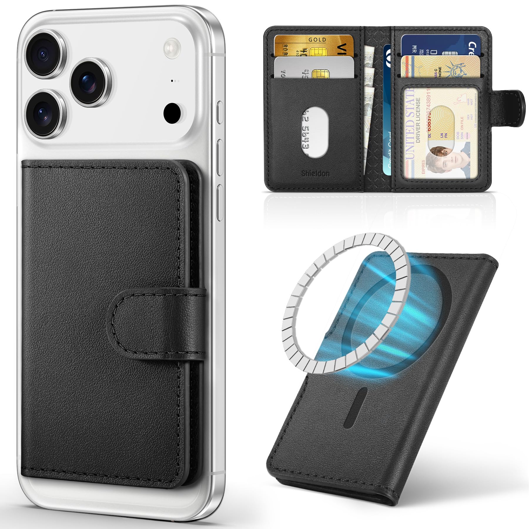 SHIELDON Echtleder Magnetische Wallet, Abnehmbare Cardholder für MagSafe Wallet [RFID Blocker] [Kartenfächern] [ID-Fenster] Kompatibel für iPhone 17/16/15/14/13/12 Serie, Nicht für Mini - Schwarz