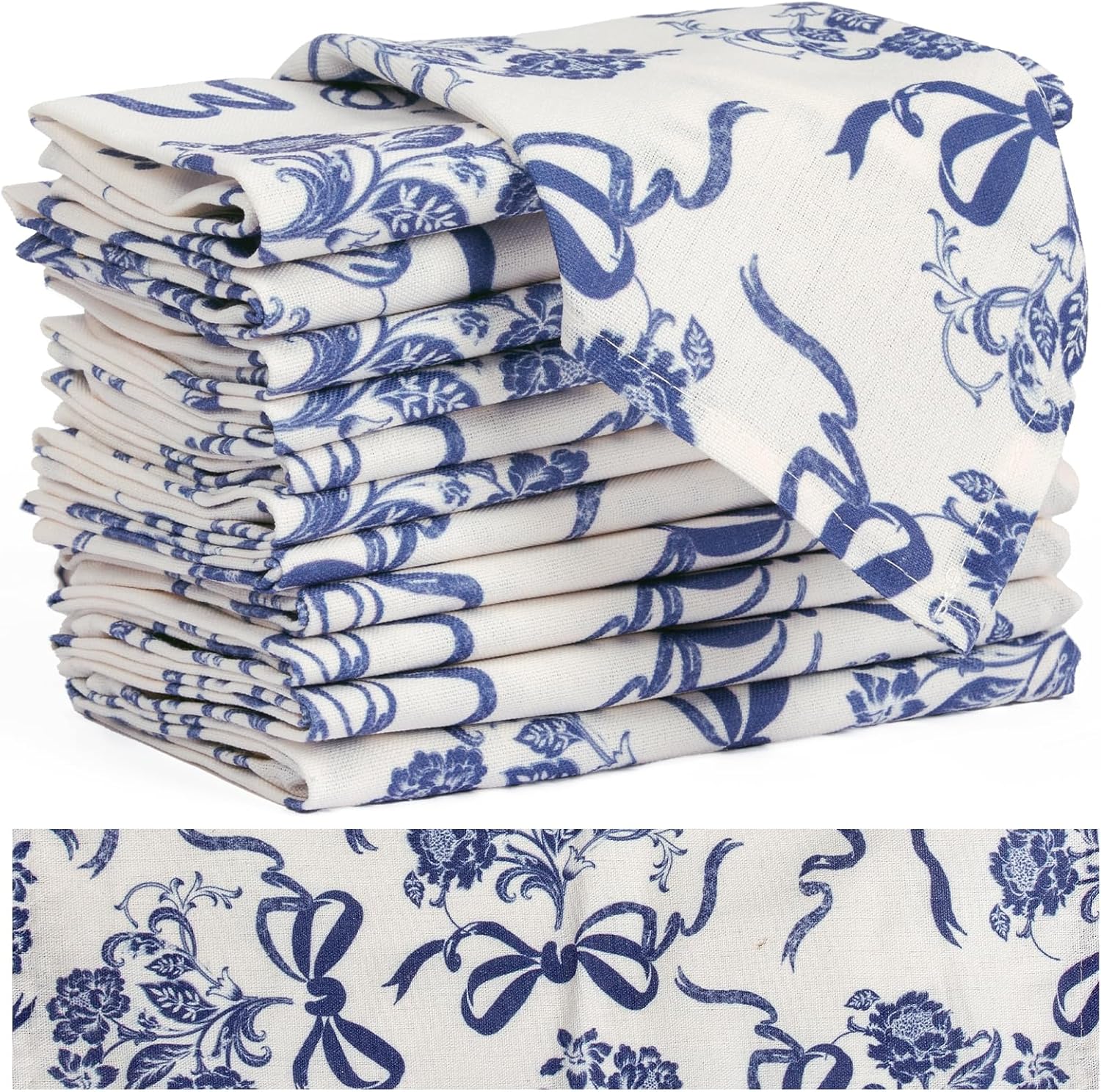Blue Bow Cloth Napkins Set of 12 with Vintage Floral, Linen Cotton Dinner Napkins for French Country Decor-Reusable, Premium Hotel Quality Party Decorative Napkin Towels for Everyday Use, Weddings