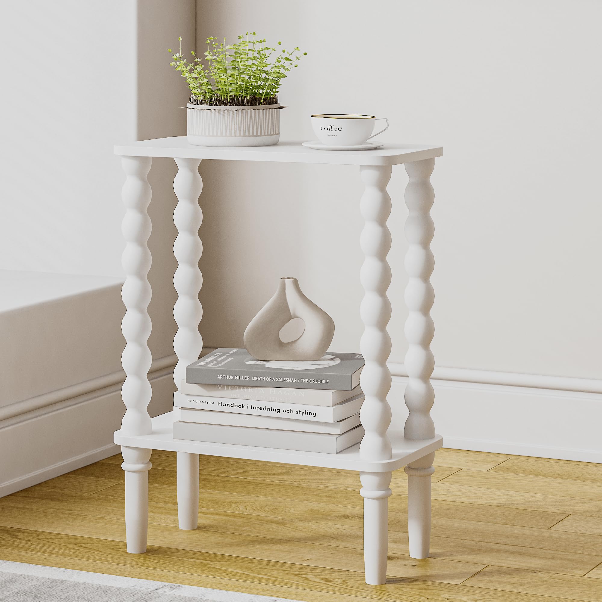 JERX 2-Tier Wooden Side Table, Narrow Nightstand with Open Wood Shelf, Bedside Table for Small Spaces, Bedroom, Living Room, Accent End Table with Solid Wood Legs White — image 1