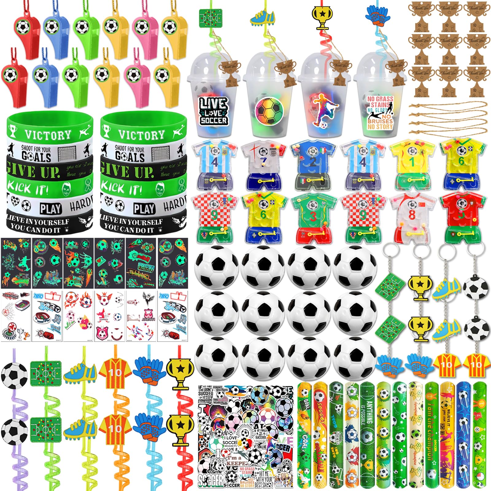 182PCS Soccer Party Favors, Soccer Birthday Party Favors with Cups Straws Puzzle Toys Whistles Mini Soccer Stress Balls Slap Bracelets Key Chains for
