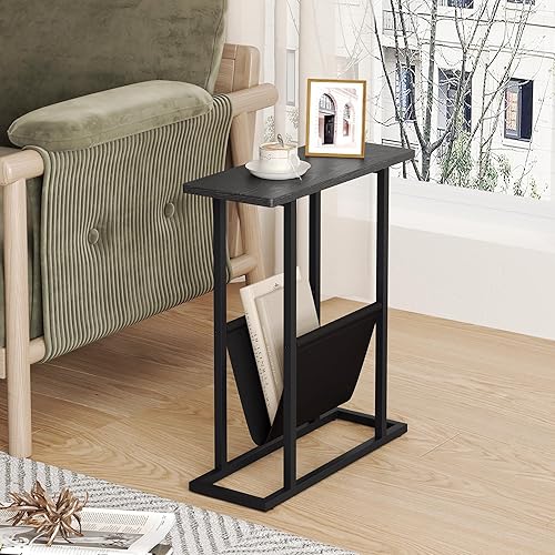 Miniatura 2 de Yusong Mesa auxiliar estrecha para espacios pequeños, mesa auxiliar pequeña con soporte para revistas, mesa delgada delgada y delgada para sala de