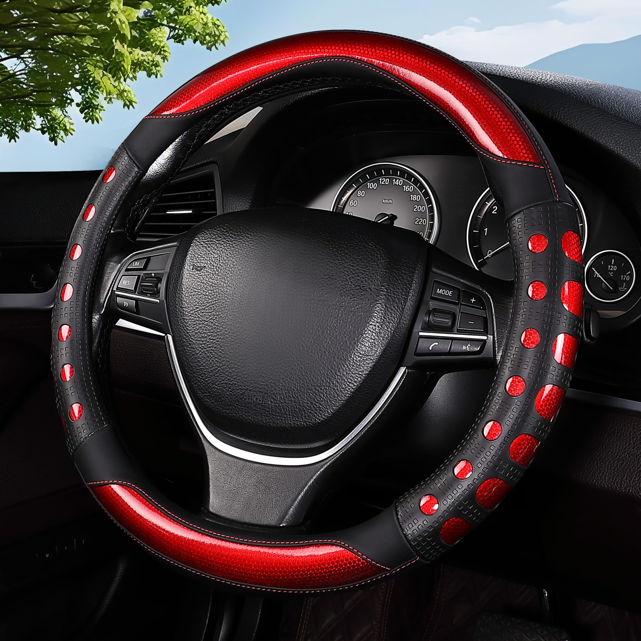 Hiseanllo Car Steering Wheel Cover, 14.5-15 Inch Universal Fit, Sporty Anti-Slip Leather Steering Wheel Protector with Glossy Color Accent, Comfortable Grip for Cars, SUVs, Trucks(Red)