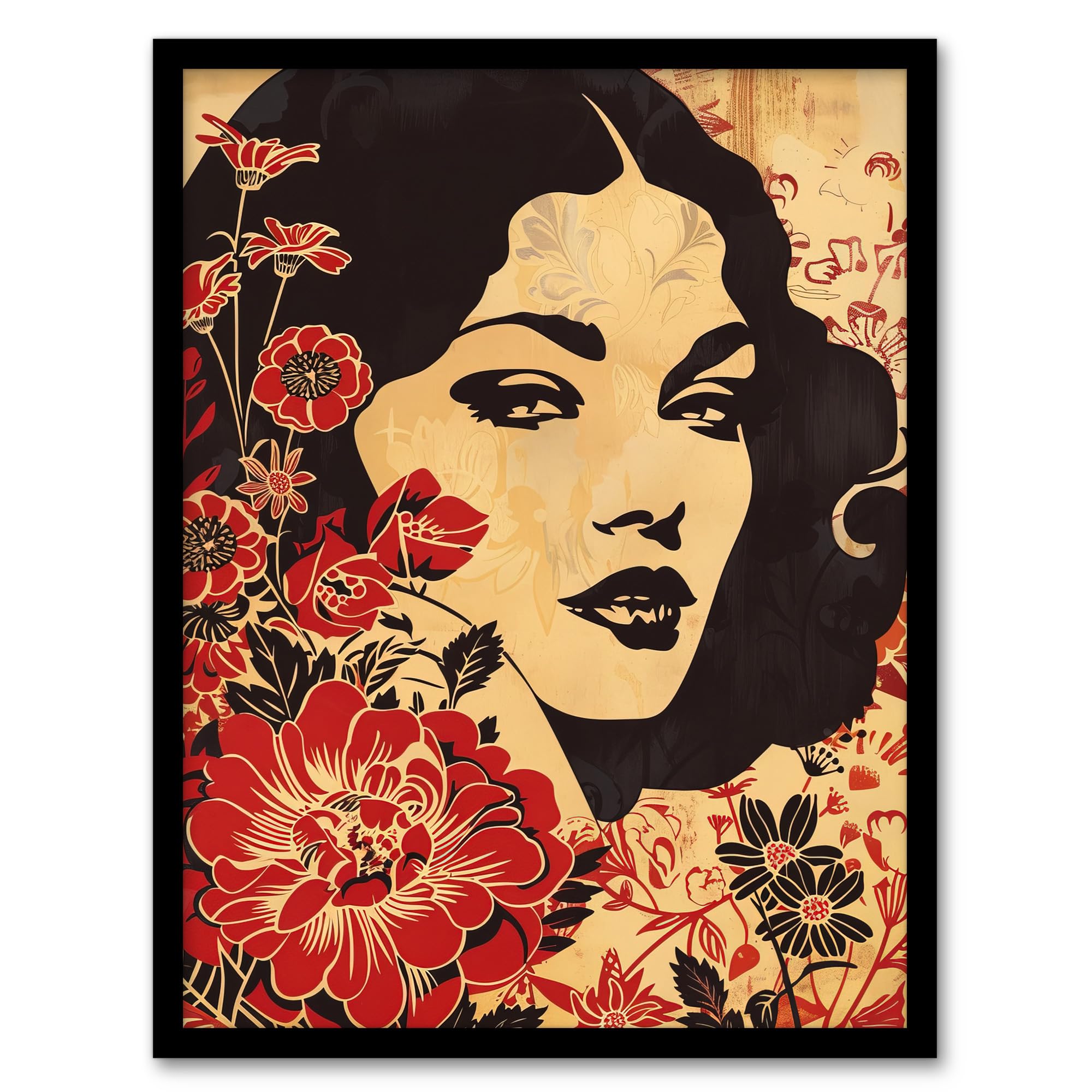 Artery8 Woman Floral Portrait Framed Art Print - Beige - A4 Size