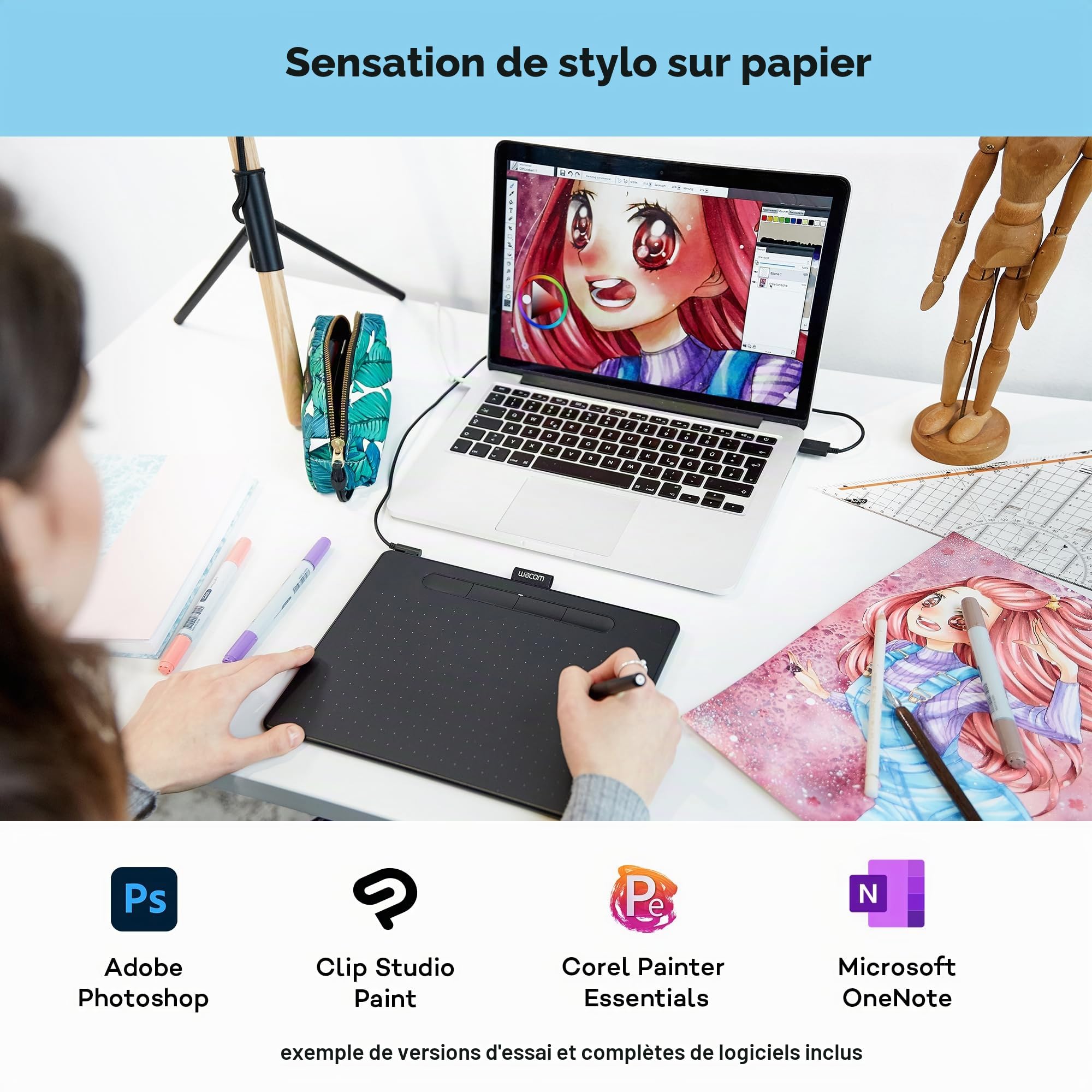 Wacom Intuos Medium Tablette Dessin - Tablette Graphique pour la Peinture, Le Dessin et la retouche Photo avec Stylo Sensible à la Pression Noir - Idéal pour Le télétravail et la Formation en Ligne
