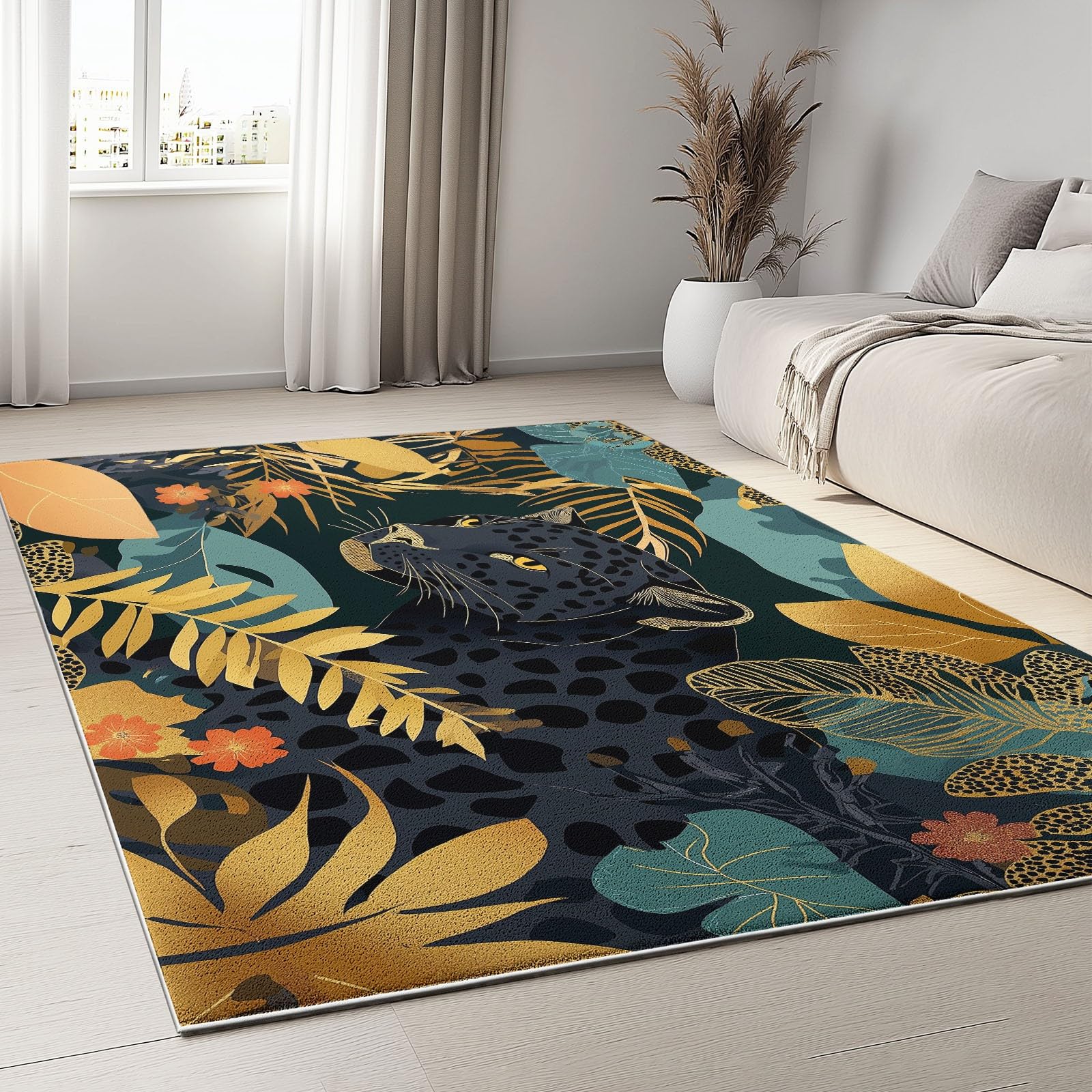 Tapis de salon moderne fleurs guépard doux 120x170 pour chambre et bureau