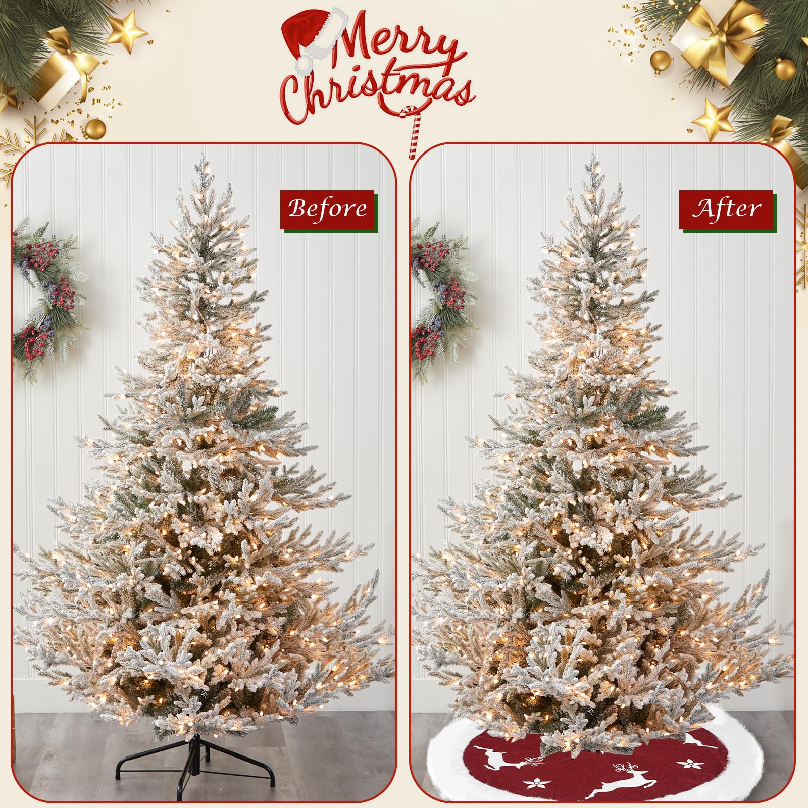 IHCEMIH Christmas Tree Skirt Large Red Xmas Tree Skirts Luxury Faux Fur Plush Linen Trees Base Cover Mat Xmas Tree Bottom Rug Covers Holiday Party Home Festival Decorations 48 Inches Running Reindeer - Image 2