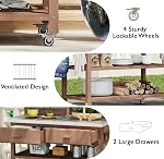 64.9" H Outdoor Potting Bench with Upper Hutch, Solid Fir Wood Garden Work Table with Stainless Steel Top, 2 Drawers, Adjustable Shelves, Towel Rack, Lockable Wheels for Grilling Lawn Patio, Brown