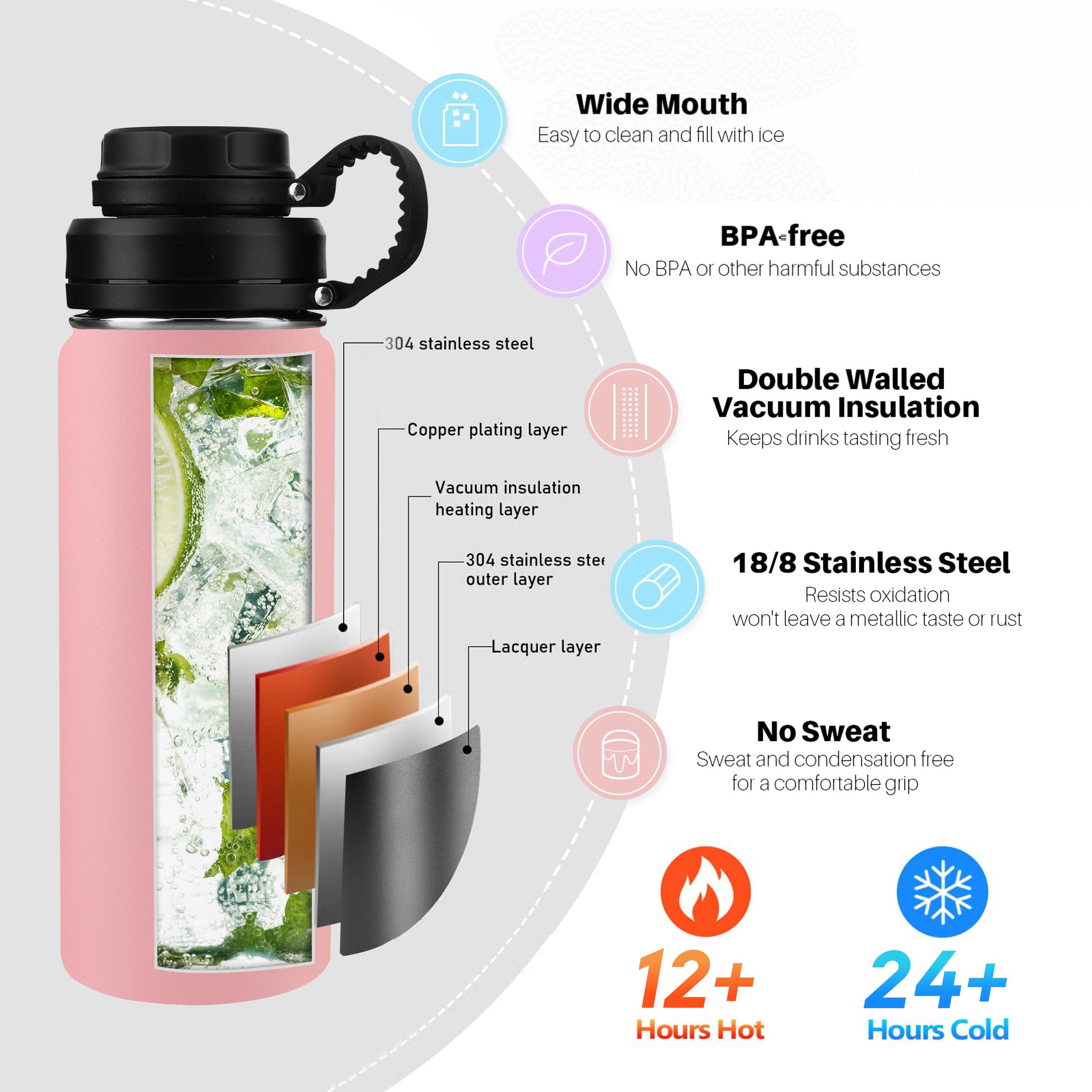 Botella de agua de viaje de acero inoxidable con filtro colador de té, botellas de té aisladas con popote y 2 tapas, taza térmica de metal blanco, botella de agua con aislamiento al vacío para