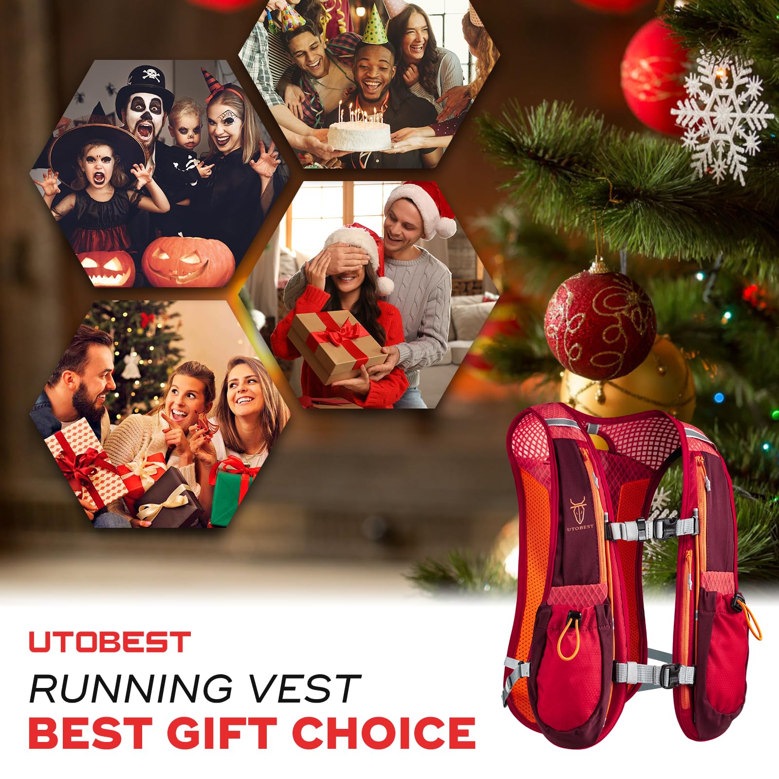 UTOBEST Gilet Course, Sac hydratation Leger avec 2*350ml flasque,Rouge | 7 poches, grand support telephone, ajustement confortable, sans rebond, OSFM, mixte, trail, park run, marathon