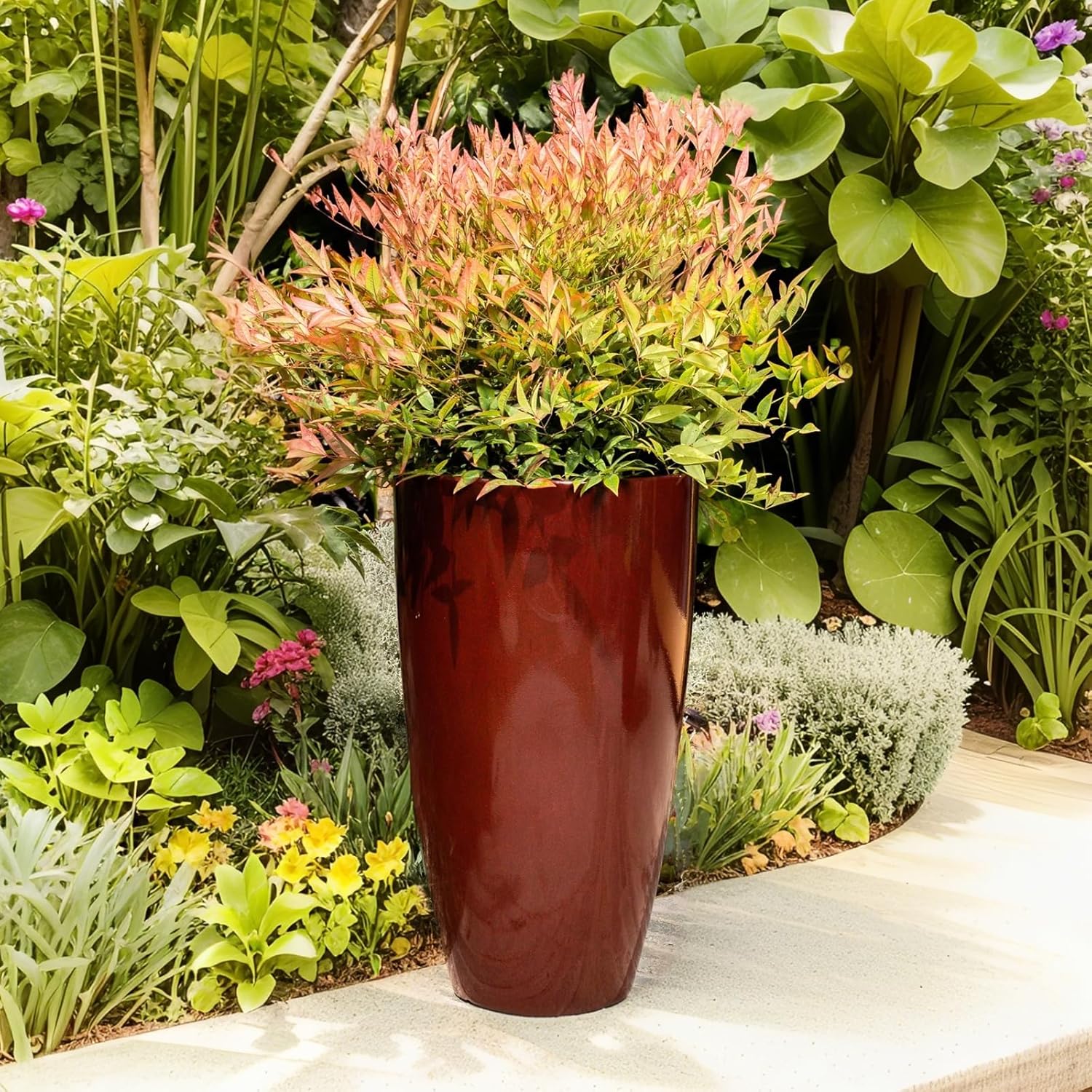 ZMTECH 21 Inch Tall Outdoor Planters Set of 2 Round Tall Plant Pots for Outdoor/Indoor with Shelf Inset, Wine Red Glossy Smooth Finish - Large Plastic Pots with Drainage Holes for Front Porch Patio