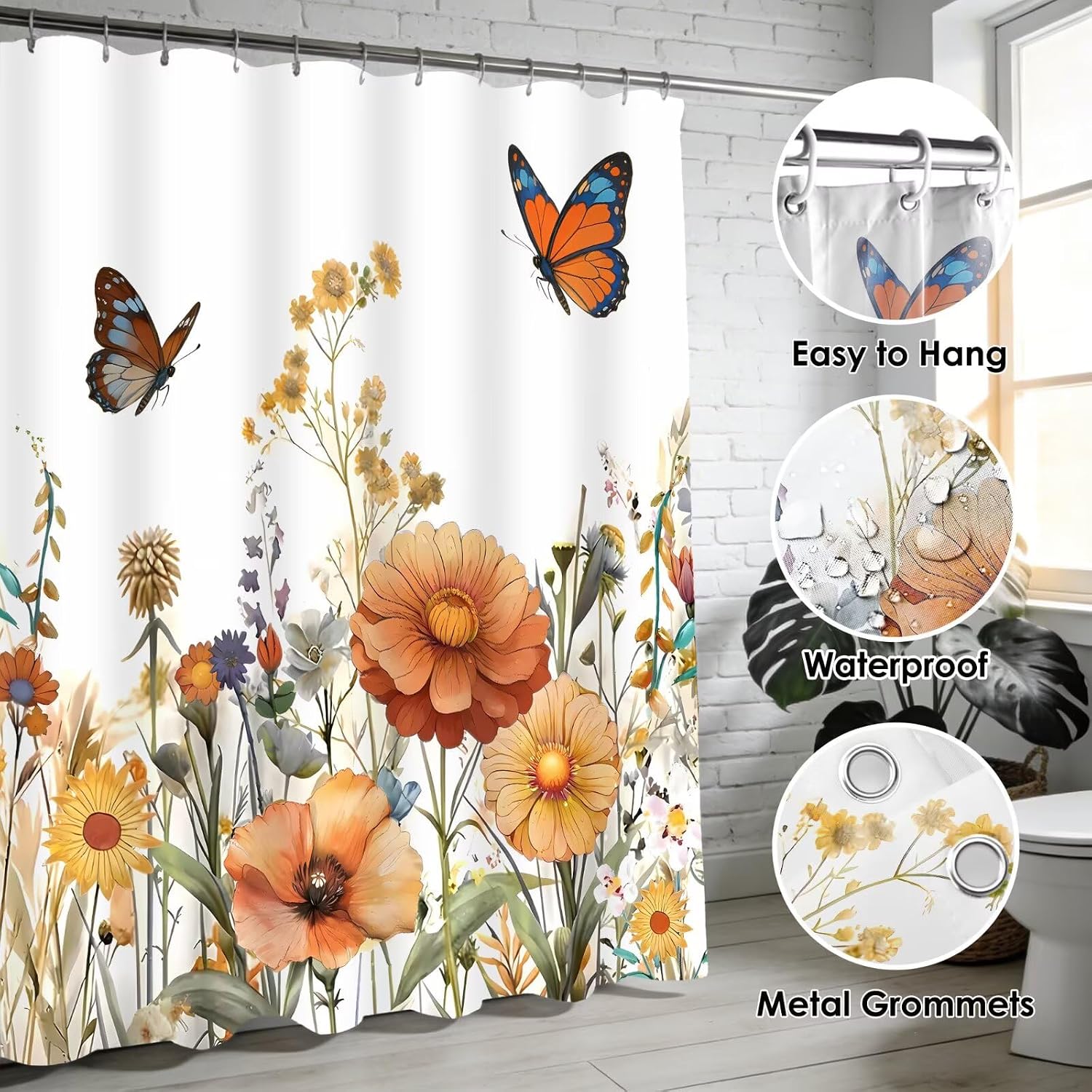 DDQQ 4Pcs Yellow Floral Shower Curtain Set Butterfly Bathroom Sets with Rugs, Flower Shower Curtain with 12 Hooks Bathroom Decor with Rugs Bath Accessories with Mats Toilet Lid Cover image 3
