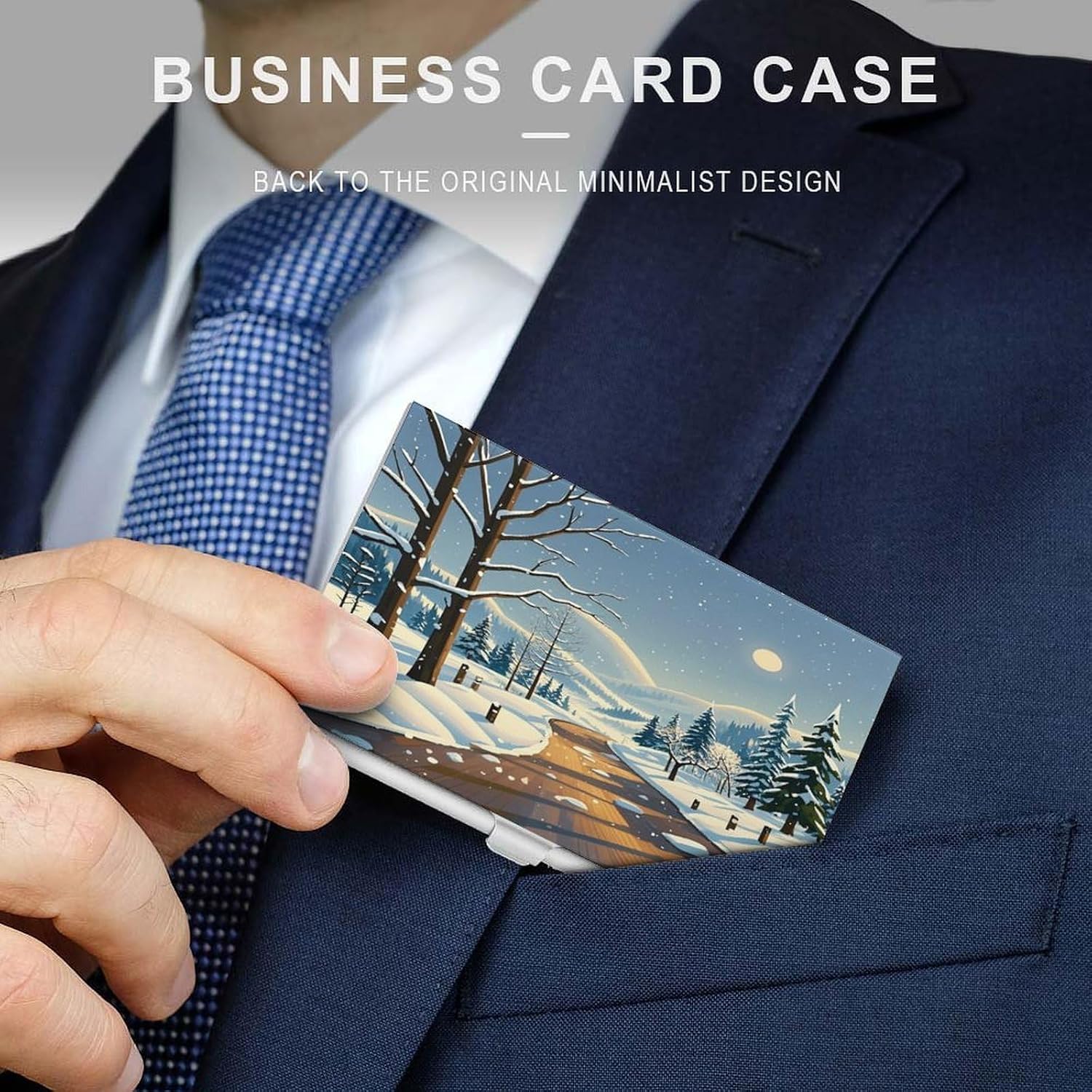Winter Landscape Business Card Holder for Men Women Professional Stainless Steel Card Case Slim Flip Cover Purse Name Cards Holder Multi Aluminum Business Cards Wallet for Office