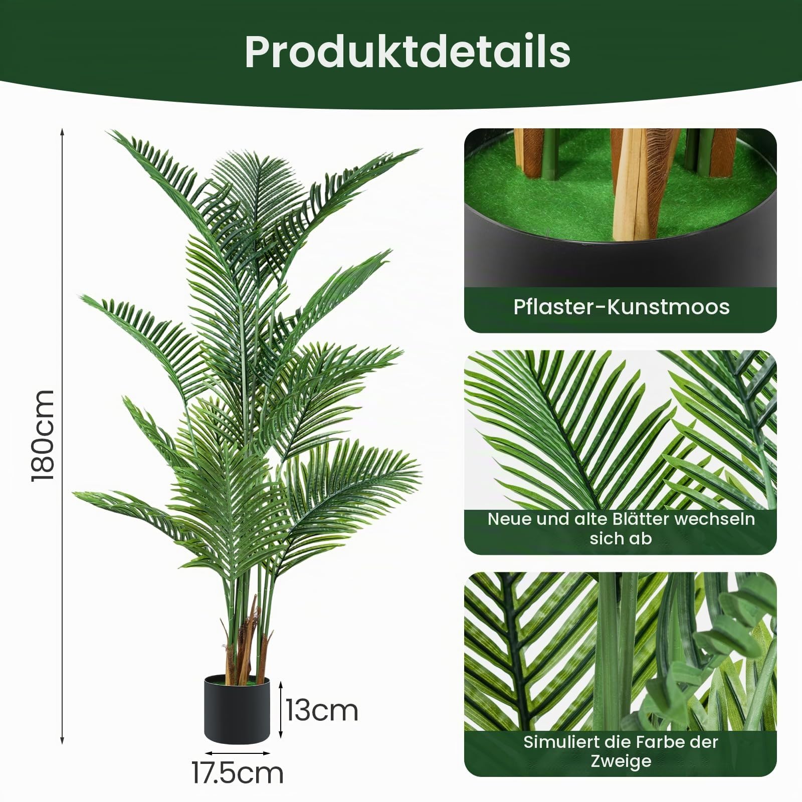Hohe künstliche Palme für Innenräume – Lebensechter Areca-Baum mit realistischen grünen Blättern; große künstliche Tropenpflanze im schwarzen Topf für Zuhause, Büro, Wohnzimmer, Schlafzimmer