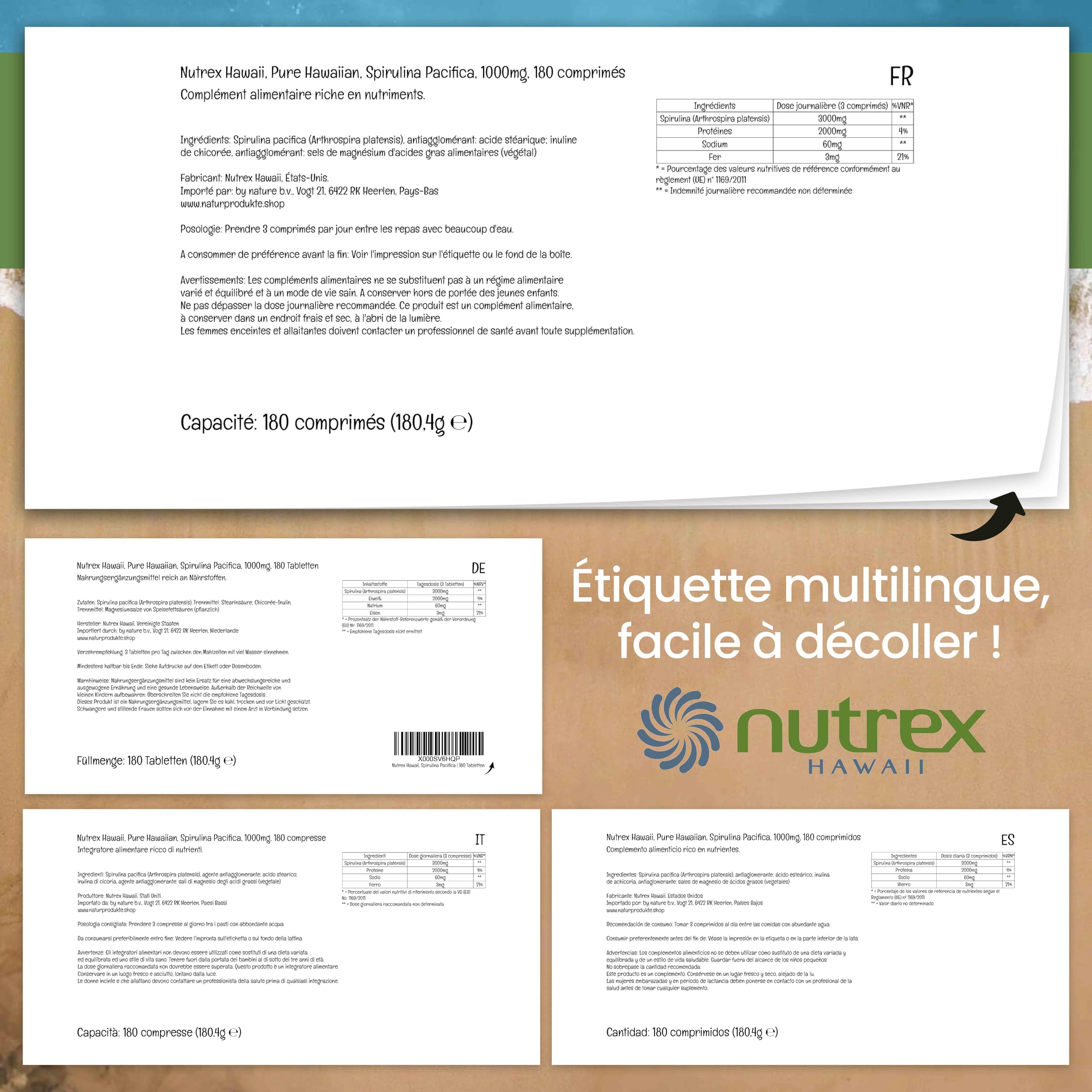 Nutrex Hawaii, Pure Hawaiian Spirulina, 1,000 mg, 180 Comprimés Végétaliens, Testés en Laboratoire, Sans Gluten, Sans Soja, Végétariens