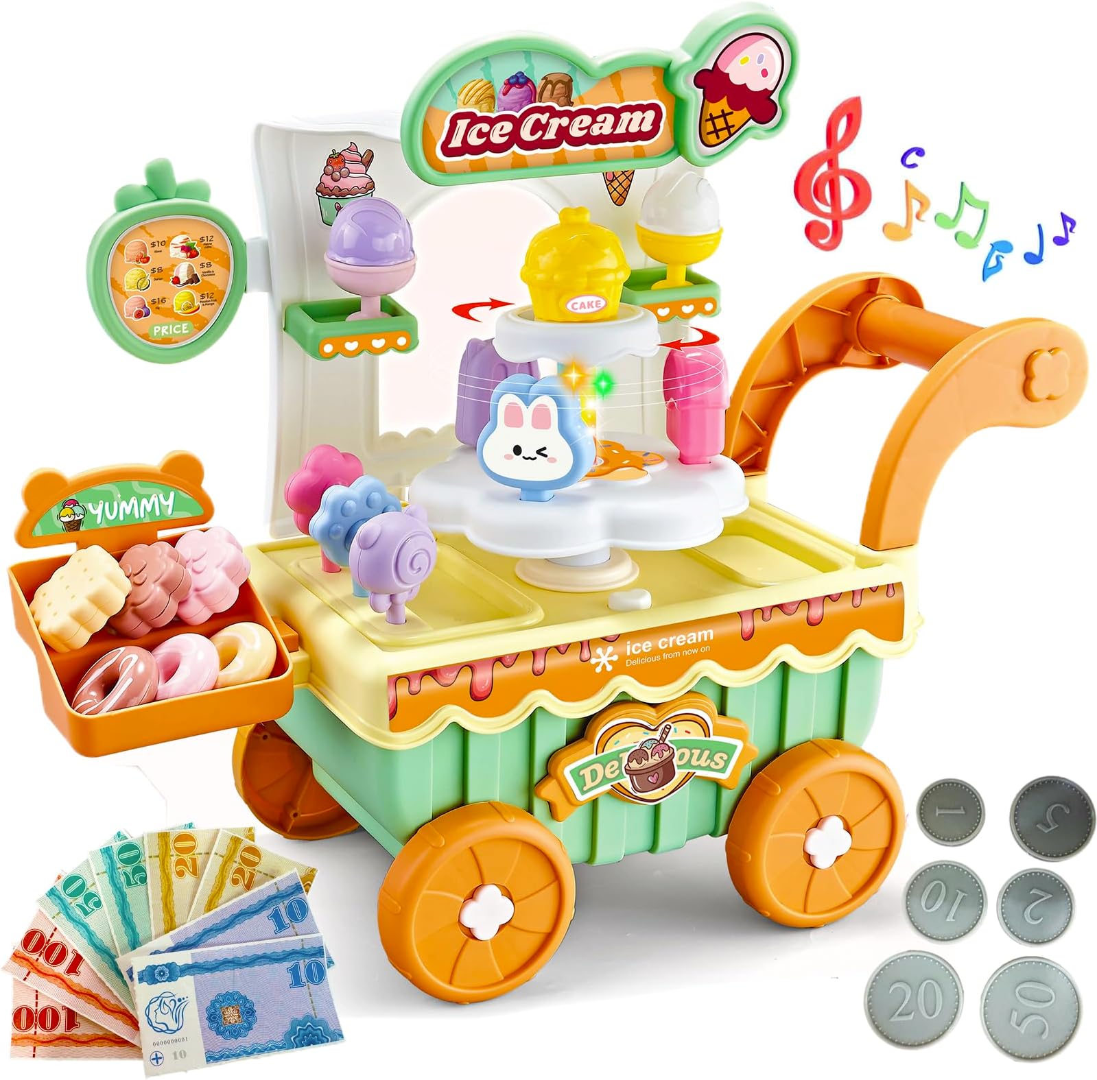 Ice Cream Cart Toy Play Set for Kids, Pretend Play Ice Cream Shop Kitchen Food Toys, Montessori Educational Ice Cream Truck Toys for Toddlers 3-5 Preschool Learning Activities (Green)