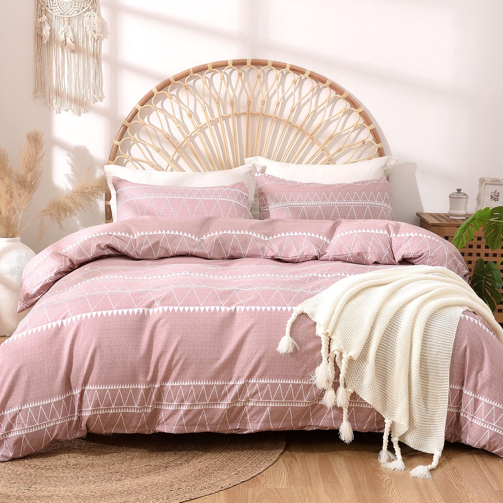 Lekesky Pink King Size Duvet Cover Sets 3 Piece Boho Stripe Print
