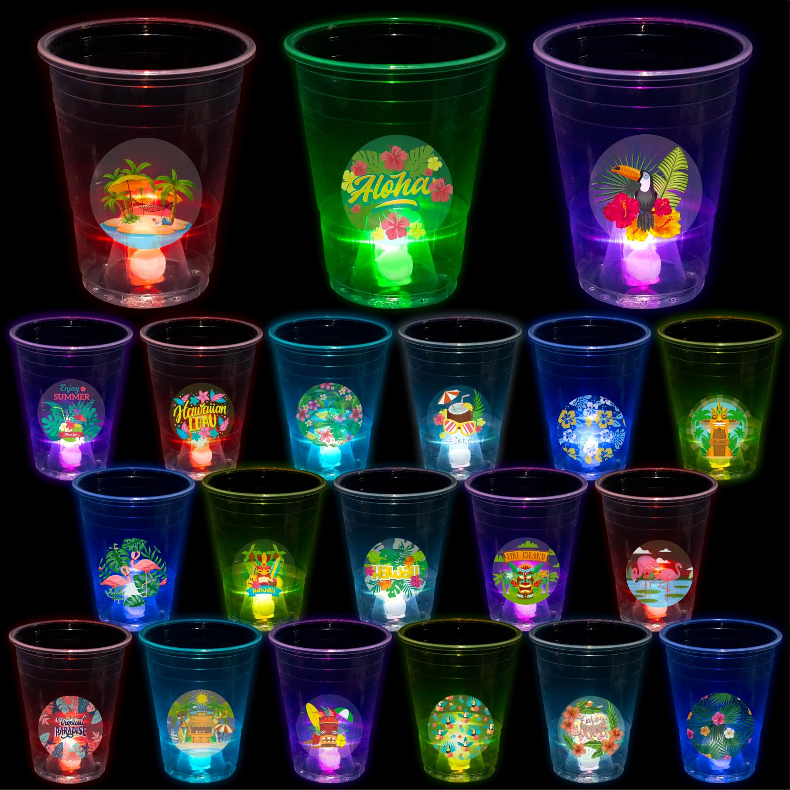25 Light up Luau Cups for Hawaiian Moana Birthday Party Decorations - 16 OZ Glow in the Dark Plastic Tiki Party Cups for Tropical Aloha Luau Party