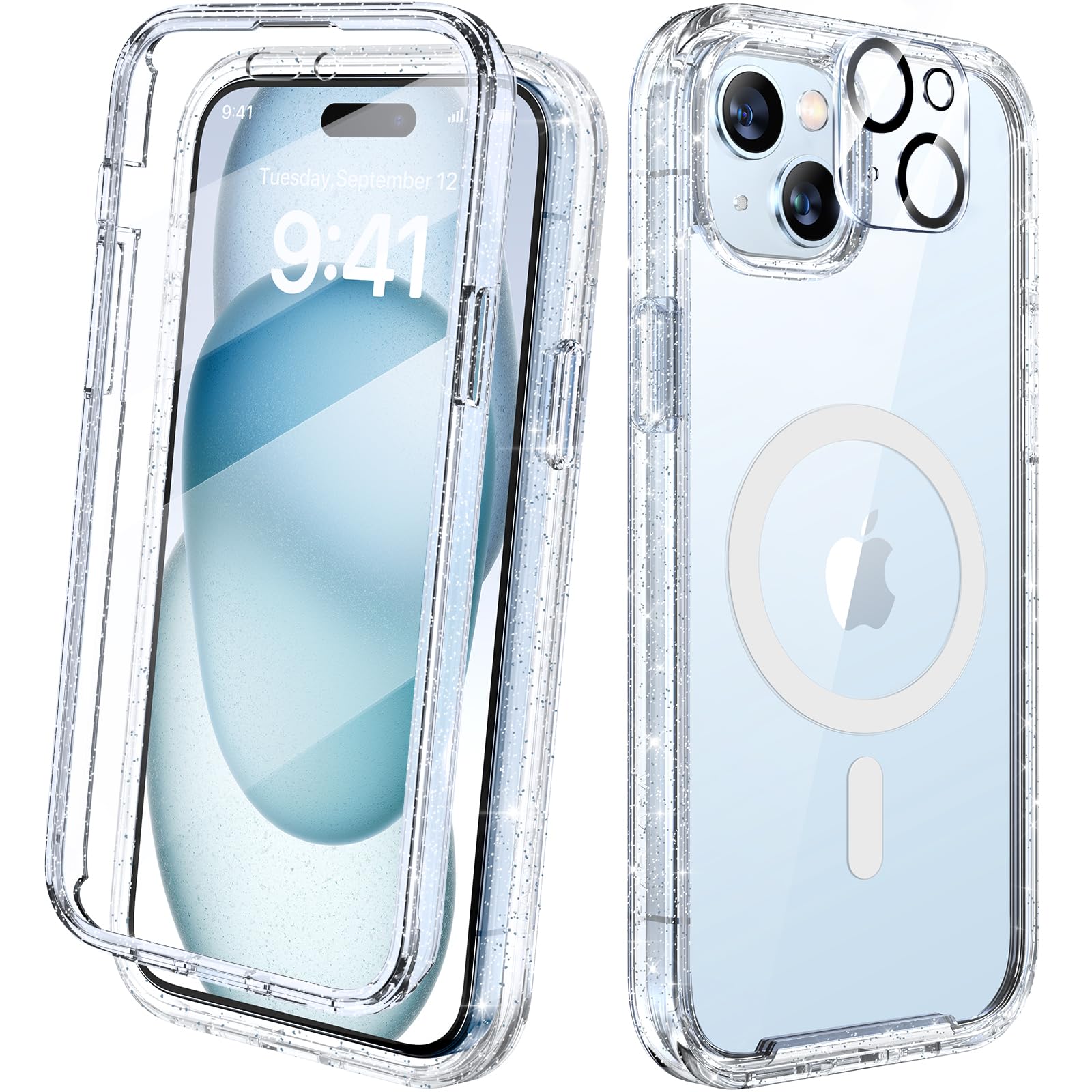Diaclara Designed for iPhone 15 Plus Case 6.7'', [Compatible with MagSafe] Full Body Rugged Magnetic Case w/Built-in Sensitive Anti-Scratch Screen Protector+Glass Camera Lens Protector,Clear Glitter
