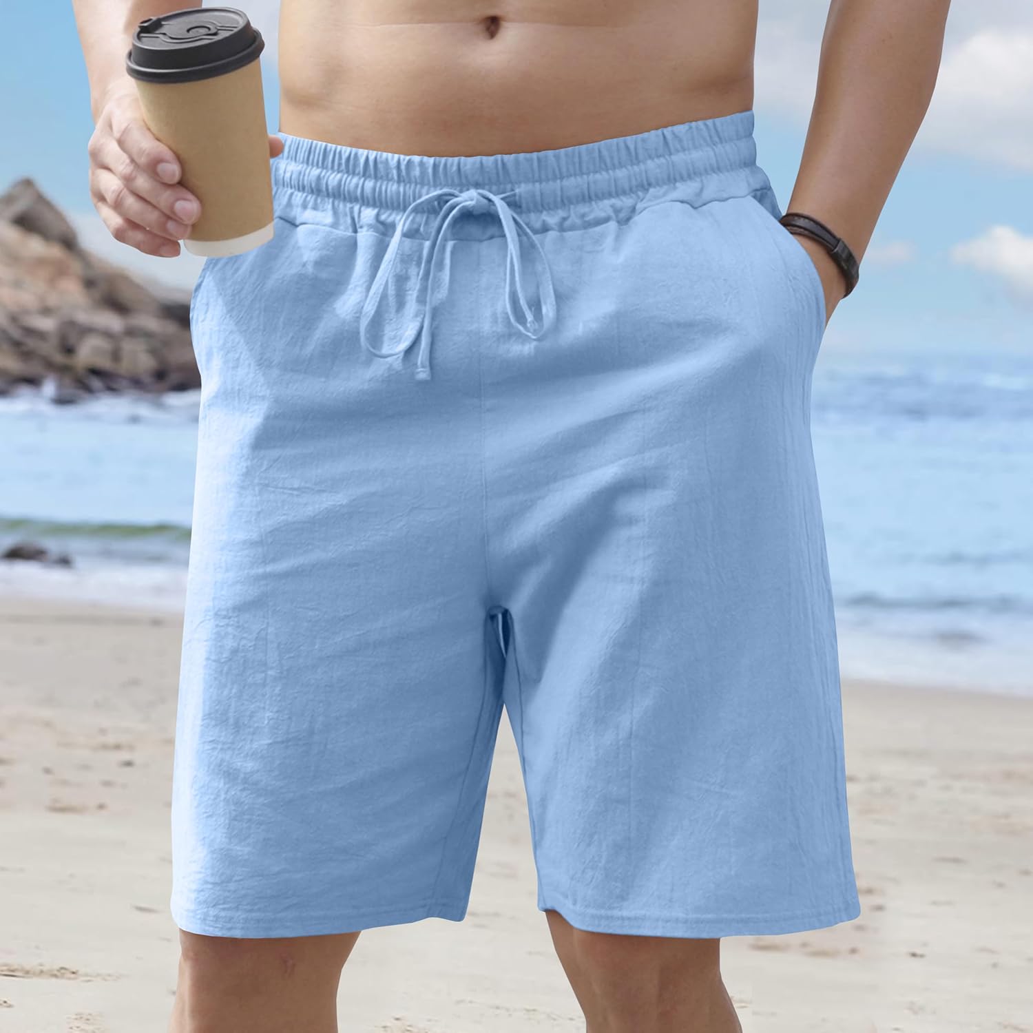Mens Linen Shorts Casual Drawstring Elastic Waist Lightweight Breathable Summer Beach Shorts for Men - Image 2