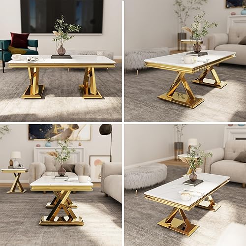 Miniatura 5 de ACEDÉCOR Mesa de café mesa de centro con base doble en X espejo mesas de centro rectangulares modernas plateadas para sala de estar sala de