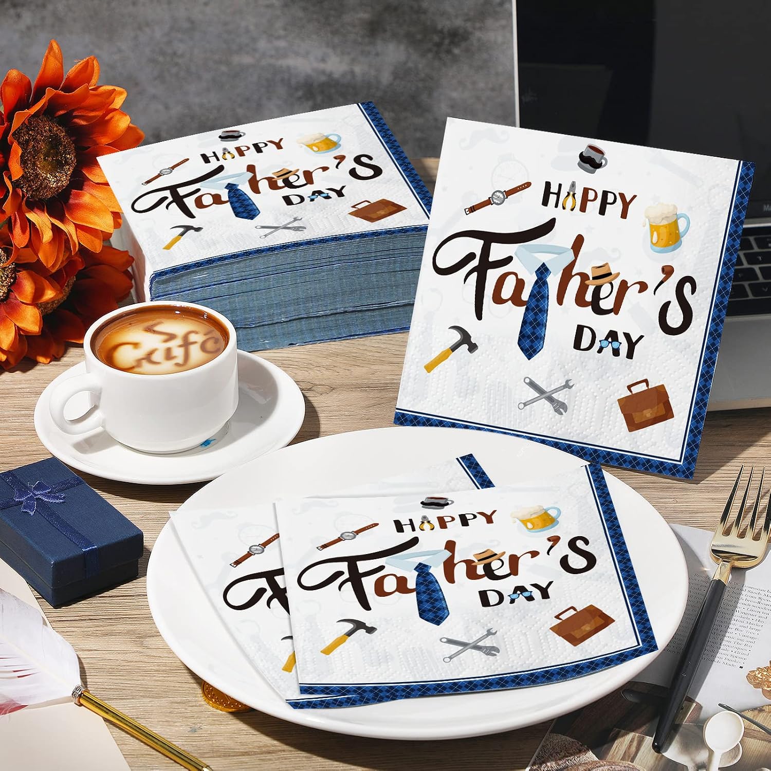 Teling 100 Pieces Happy Fathers Day Napkins 3 Ply Disposable Paper Blue Tie Cocktail Napkins Father's Day Gifts Dad Paper Towels Decoration for Father's Party Supplies(Cute Style)