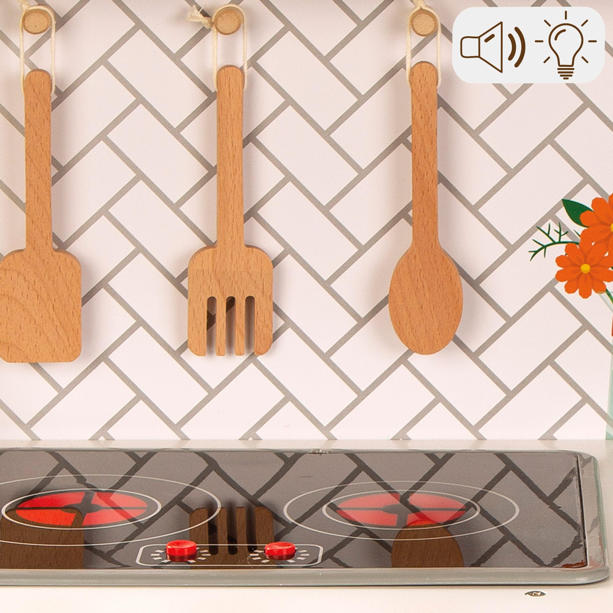WOOMAX Cocina de Juguete con luz y Sonido, Cocinita de Madera Infantil con vitrocerámica y Campana extractora, Cocina Infantil 94,5x59,5x30cm, Juguete para niños y niñas (49549)